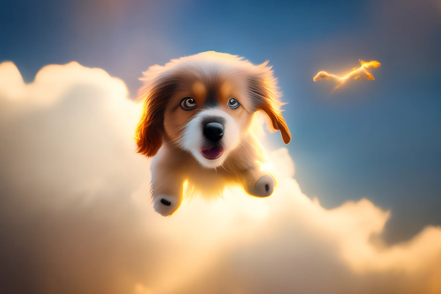 award winning portrait of a flying happy puppy in the clouds, bokeh, backlit