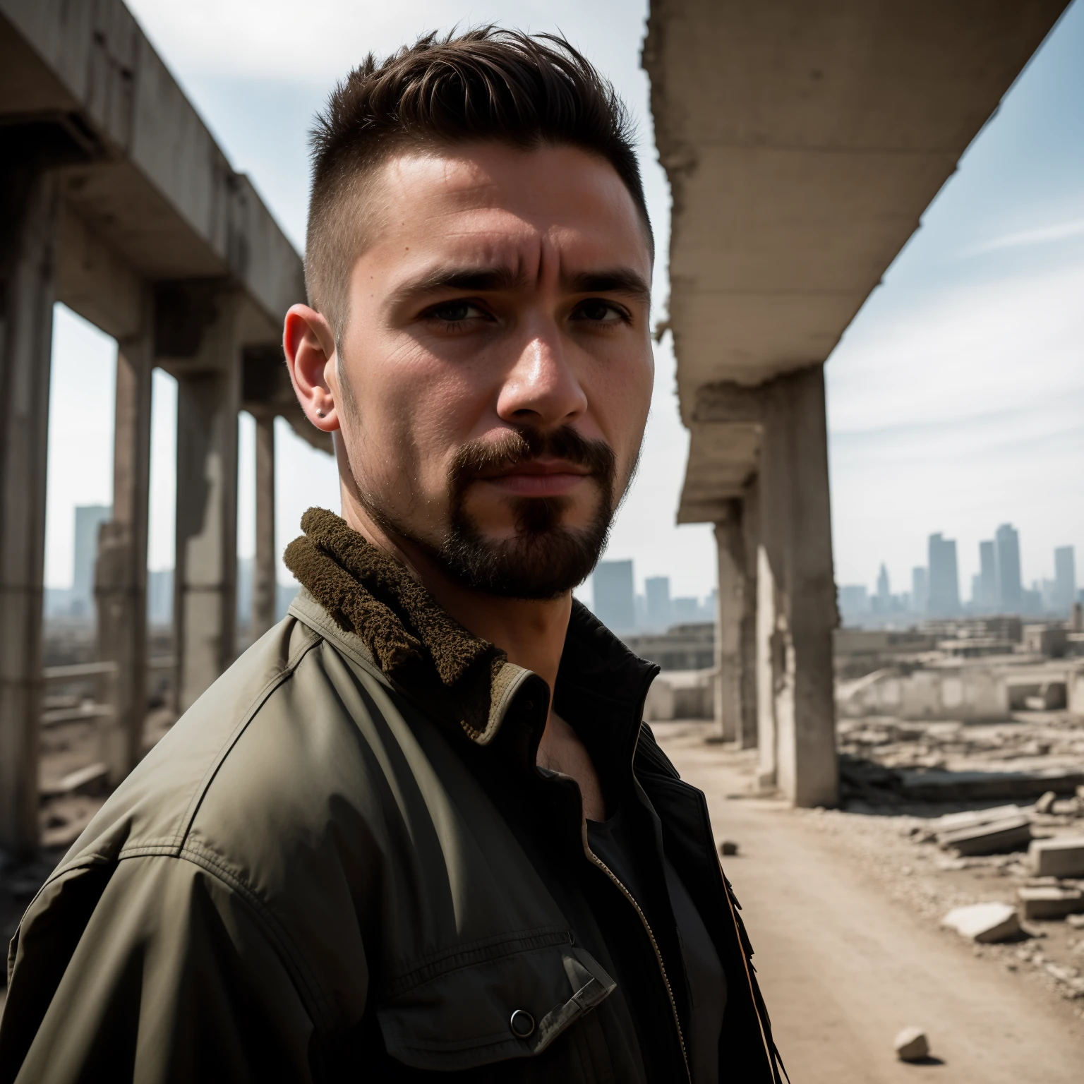 RAW photo, a close up portrait photo of brutal 45 y.o man in wastelander clothes, long haircut, pale skin, slim body, background is city ruins, (high detailed skin:1.2), 8k uhd, dslr, soft lighting, high quality, film grain, Fujifilm XT3