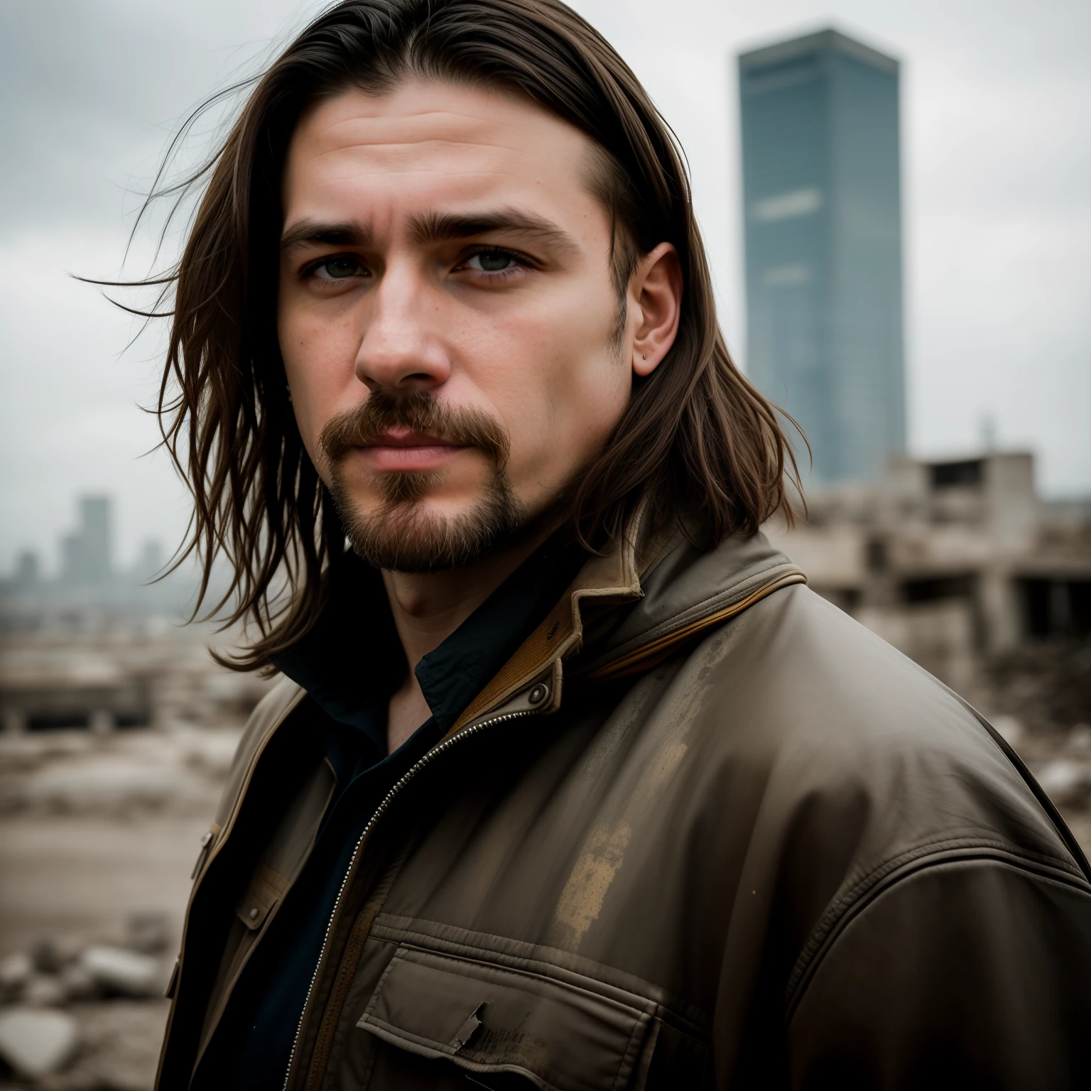 RAW photo, a close up portrait photo of brutal 45 y.o man in wastelander clothes, long haircut, pale skin, slim body, background is city ruins, (high detailed skin:1.2), 8k uhd, dslr, soft lighting, high quality, film grain, Fujifilm XT3