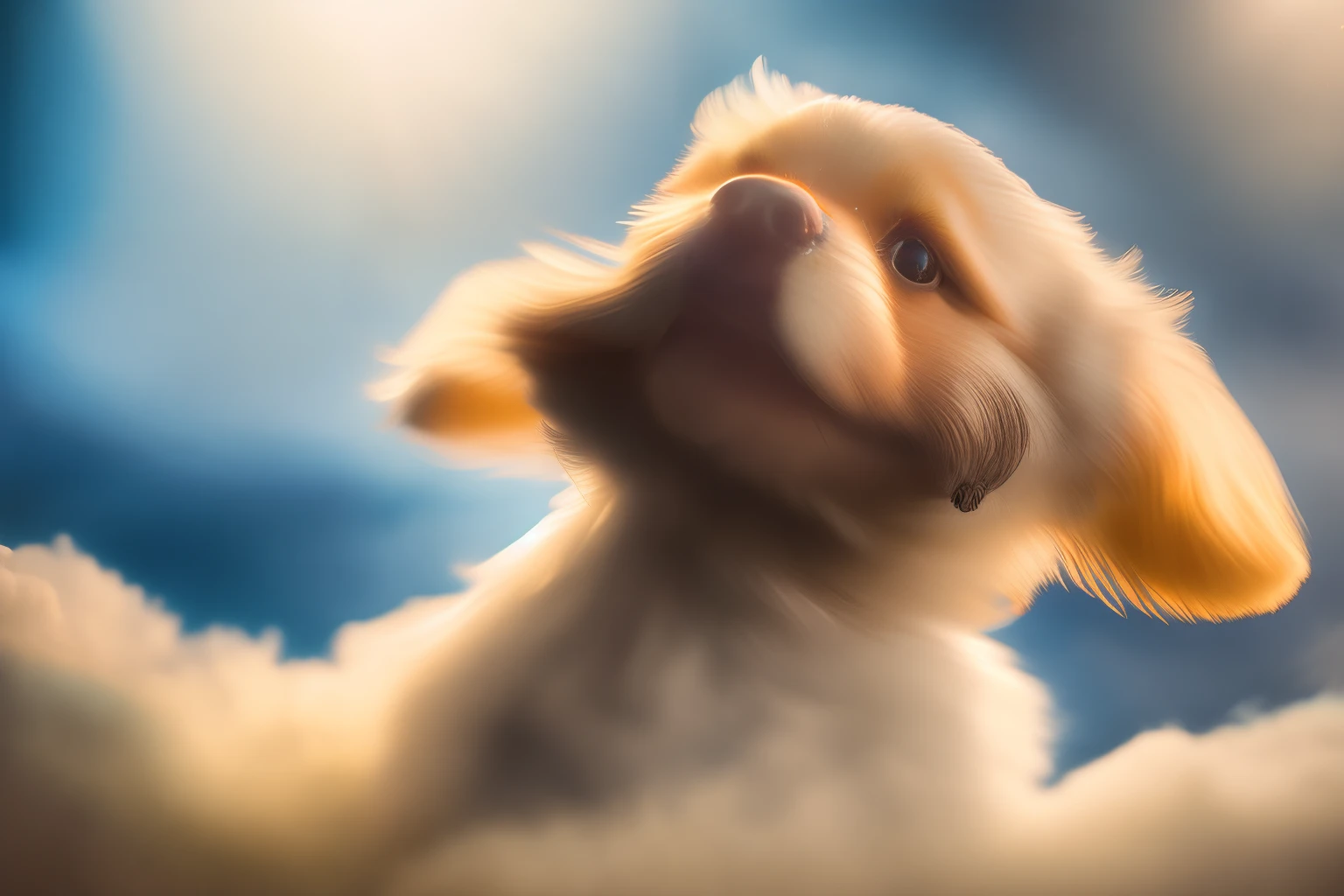 award winning portrait of a flying happy puppy in the clouds, bokeh, backlit