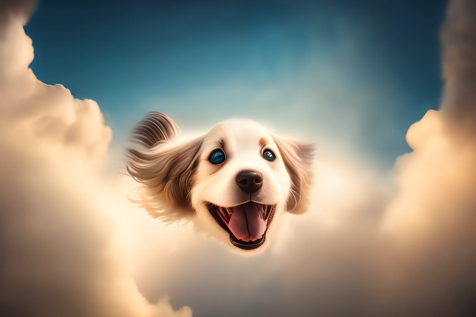 award winning portrait of a flying happy puppy in the clouds, bokeh, backlit
