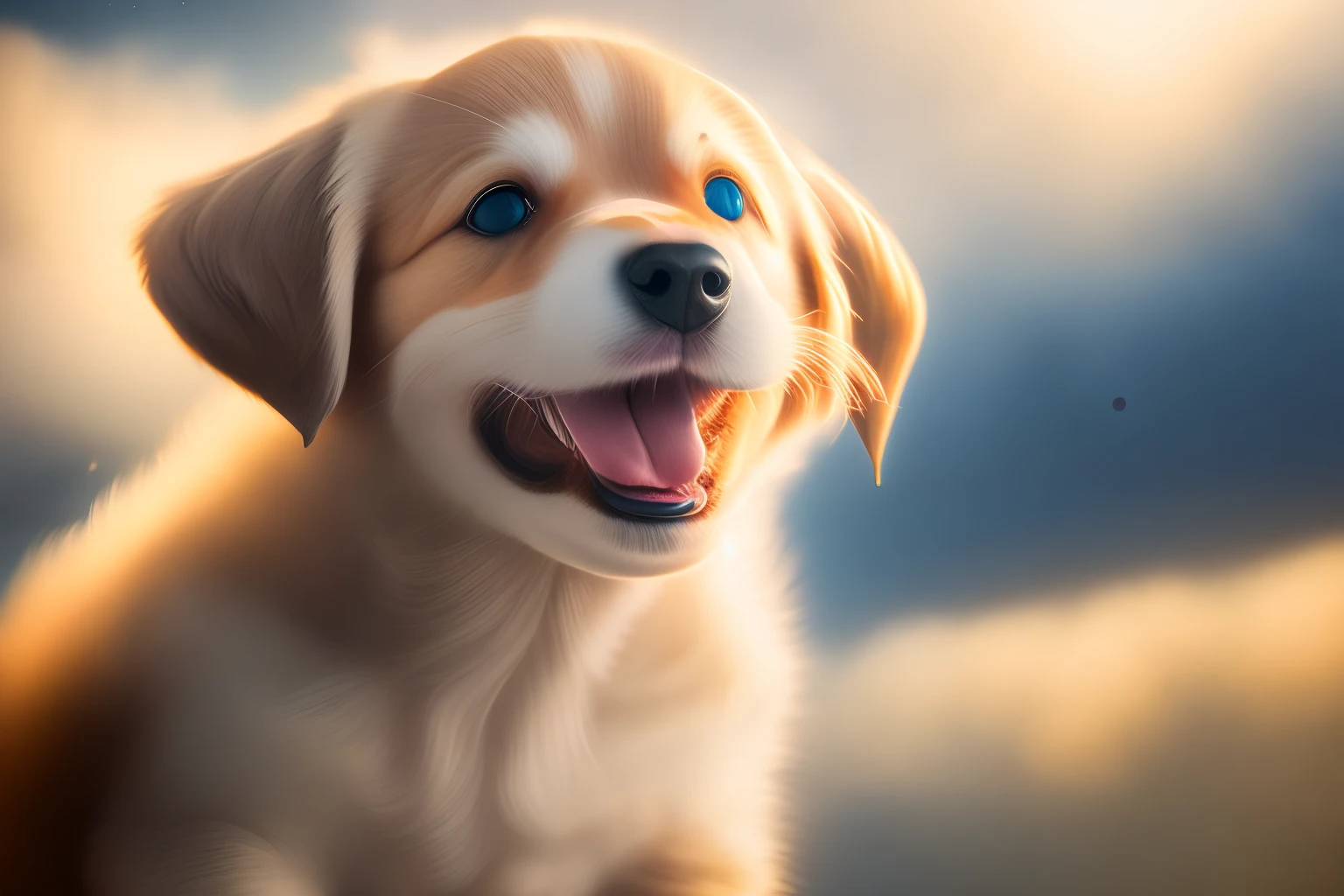 award winning portrait of a flying happy puppy in the clouds, bokeh, backlit