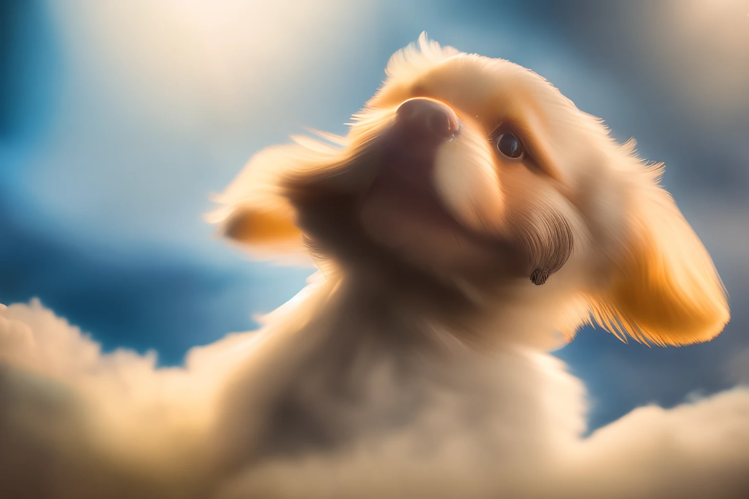 award winning portrait of a flying happy puppy in the clouds, bokeh, backlit
