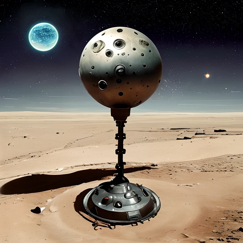 A rusty, retro-futuristic spacecraft with a spherical body and a drill-shaped head made of diamond. The ship is flying low over a barren desert planet, leaving a trail of dust in its wake. The atmosphere is tense and dangerous, with a feeling of uncertainty about what lies ahead. The style is sculpture, using metal and other found objects to create a three-dimensional representation of the ship and the landscape. --ar 1:1 --v 4