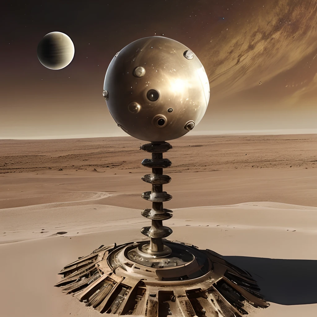  A rusty, retro-futuristic spacecraft with a spherical body and a drill-shaped head made of diamond. The ship is flying low over a barren desert planet, leaving a trail of dust in its wake. The atmosphere is tense and dangerous, with a feeling of uncertainty about what lies ahead. The style is sculpture, using metal and other found objects to create a three-dimensional representation of the ship and the landscape. --ar 1:1 --v 4