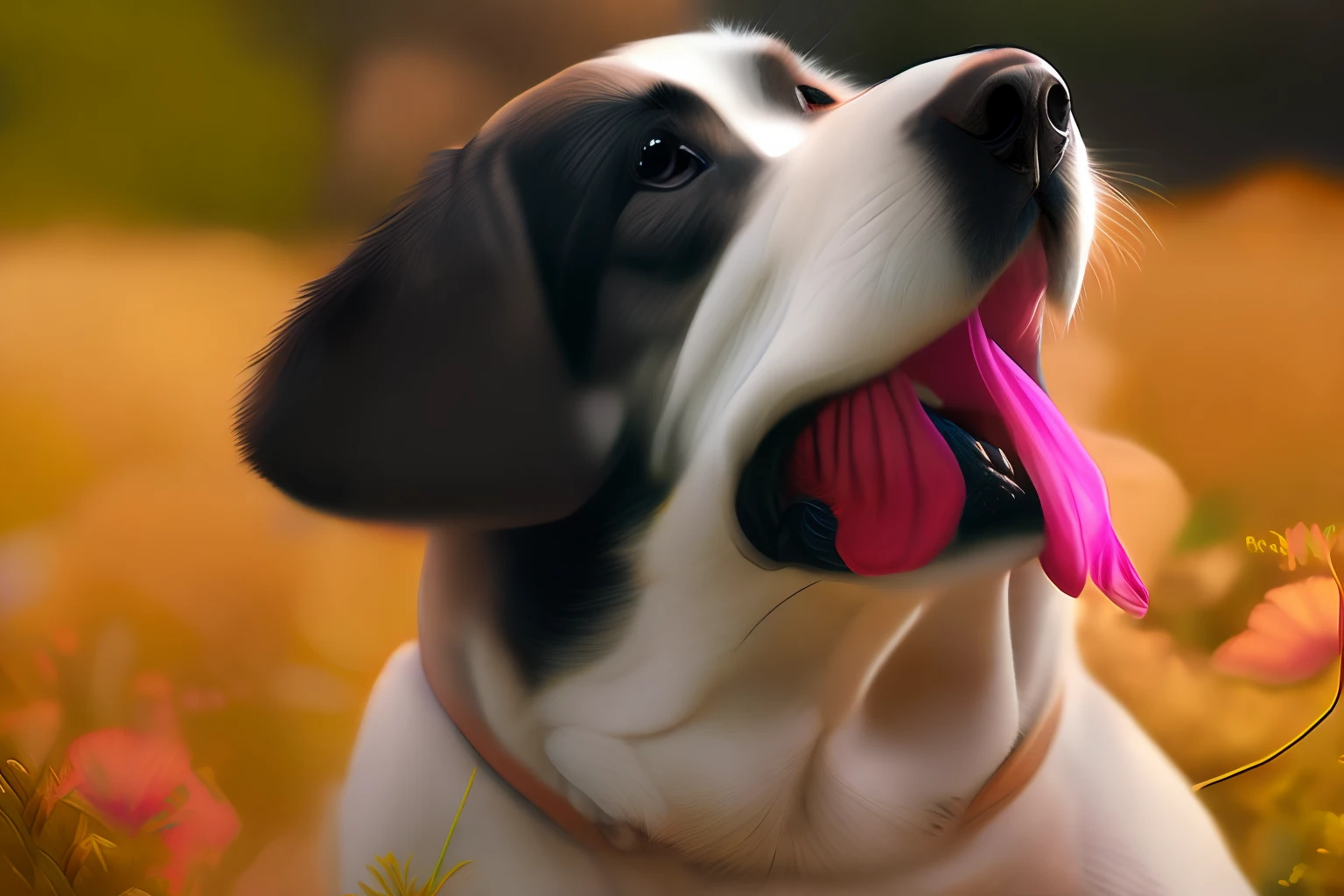 Dog smelling flowers