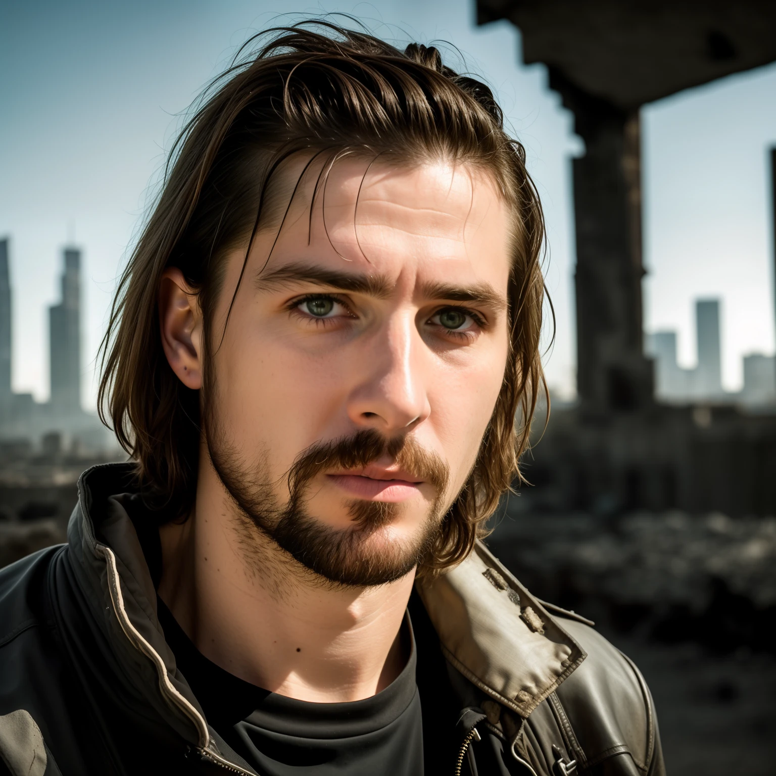 RAW photo, a close up portrait photo of brutal 45 y.o man in wastelander clothes, long haircut, pale skin, slim body, background is city ruins, (high detailed skin:1.2), 8k uhd, dslr, soft lighting, high quality, film grain, Fujifilm XT3