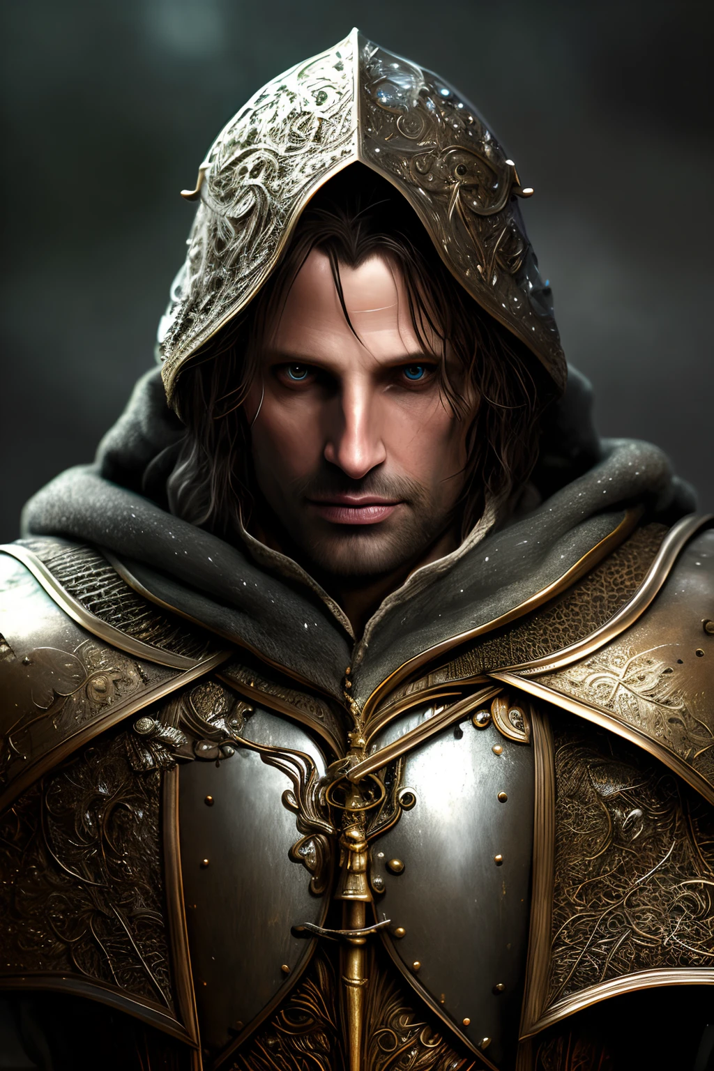 <lora:hipoly3DModelLora_v10:0.8>,(realistic:1.3), model shot,(intricate details:1.15),painting \(artwork\), ((masterpiece,best quality)), ((cinematic light)),aragorn,Strider, scary, dark fantasy \(style\), detailed armor,detailed hood, detailed face,detailed eyes, detailed background,