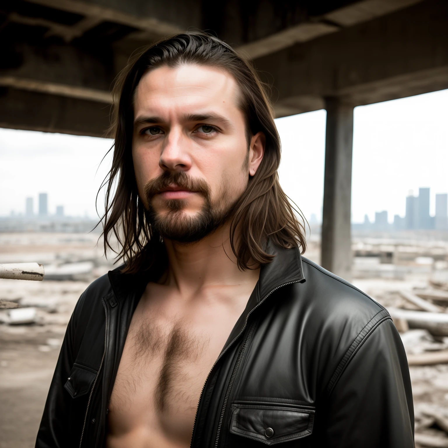 RAW photo, a close up portrait photo of brutal 45 y.o man in wastelander clothes, long haircut, pale skin, slim body, background is city ruins, (high detailed skin:1.2), 8k uhd, dslr, soft lighting, high quality, film grain, Fujifilm XT3