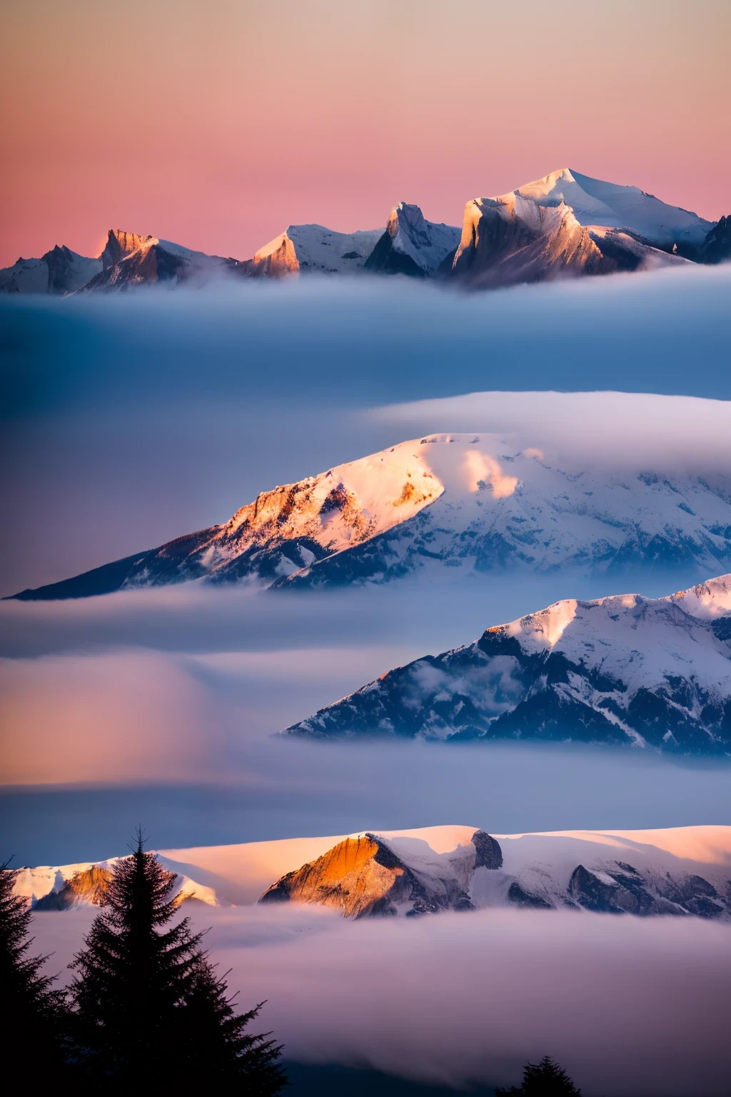 Coucher de soleil, neige, montagnes, mer de nuages