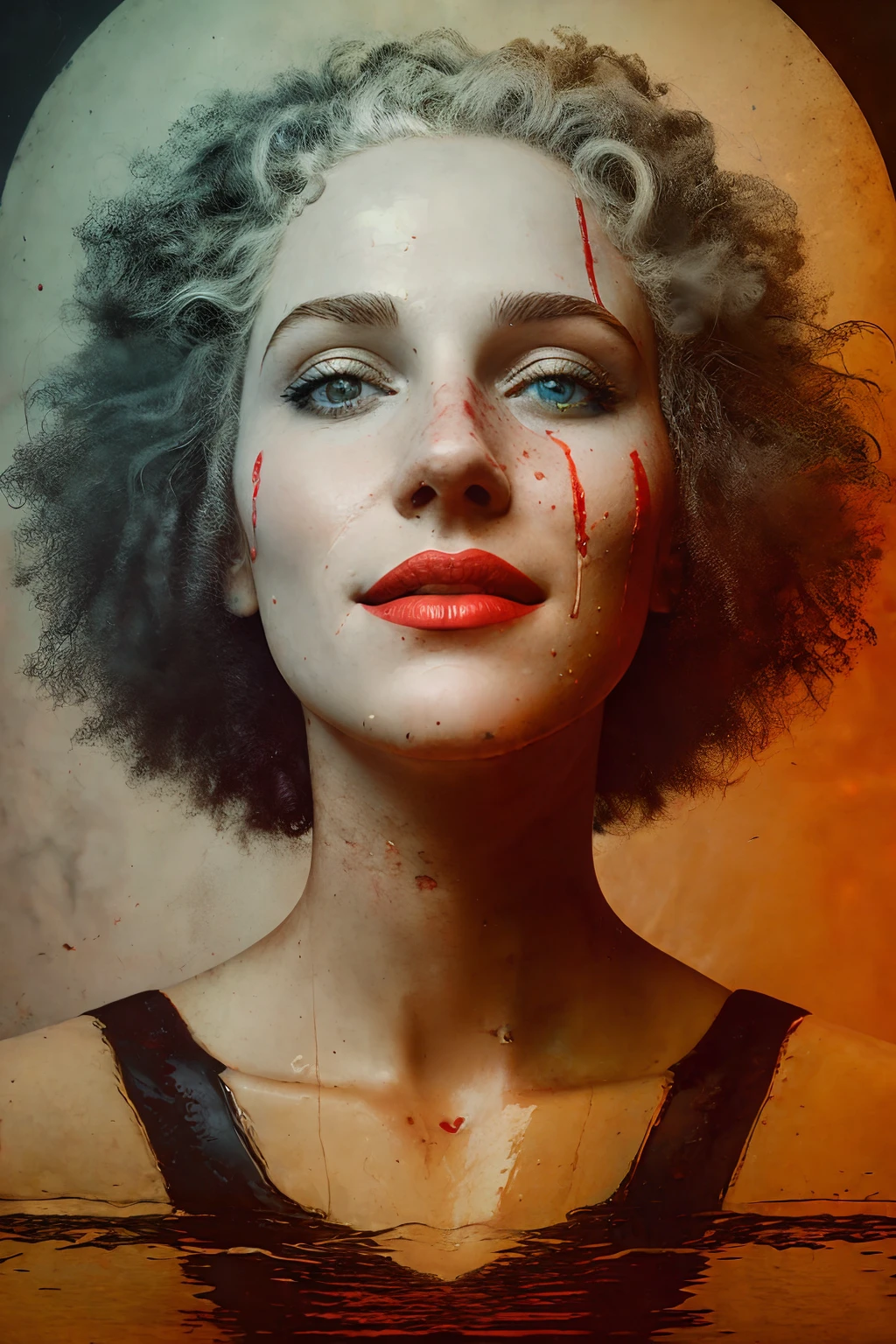 portrait of beautiful smiling woman, blood-covered river landscape background by David Lynch.  golden ratio details aesthetic octane render excellent composition natural textures 8k oil paining masterpiece canon eos r4s 50