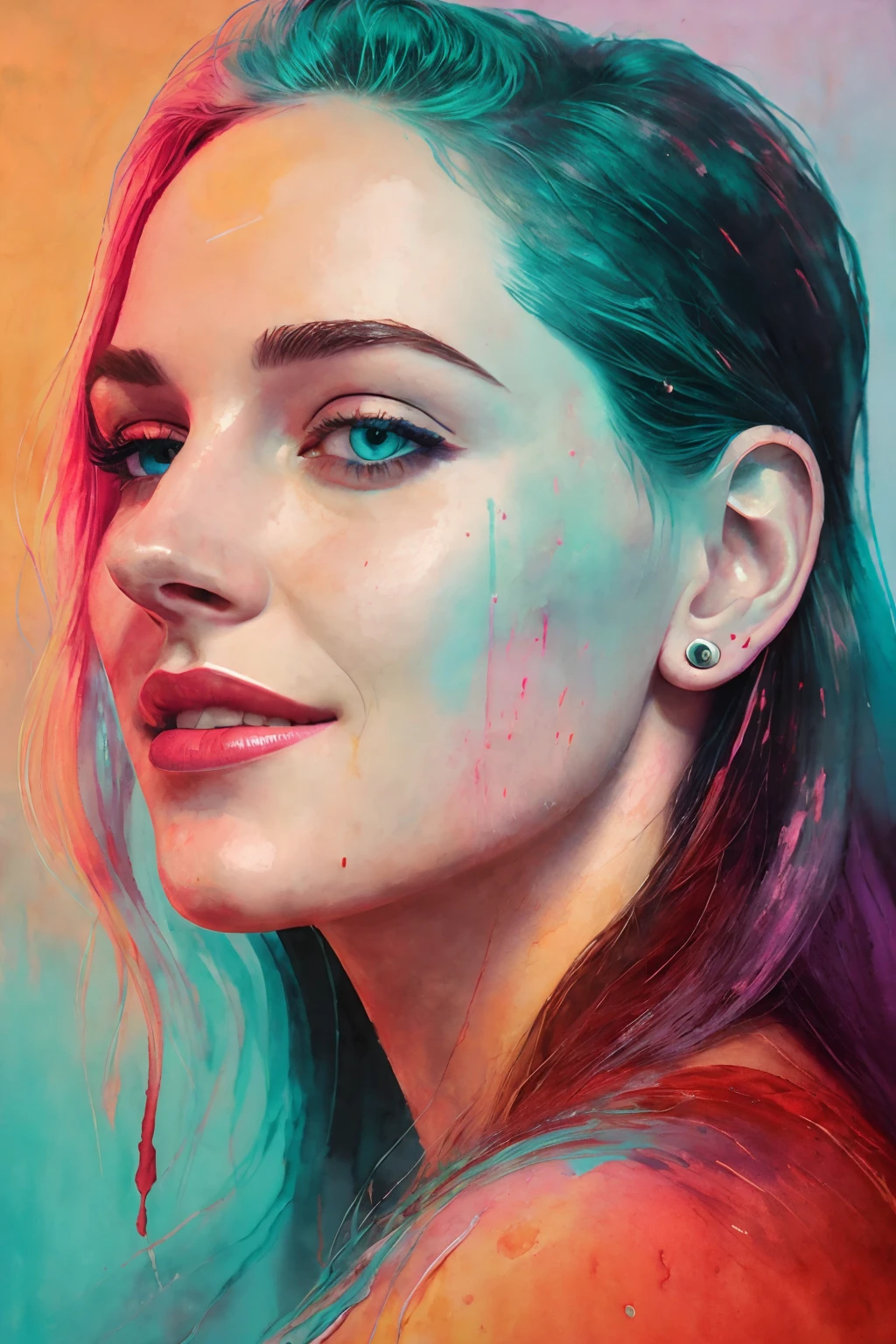 portrait of beautiful smiling woman, blood-covered river landscape background by David Lynch. synthwave watercolor painting on canvas trending in artstation dramatic lighting abstract expressionism pastel shades tones (hd) golden ratio details aesthetic octane render excellent composition natural textures 8k oil paining masterpiece canon eos r4s 50