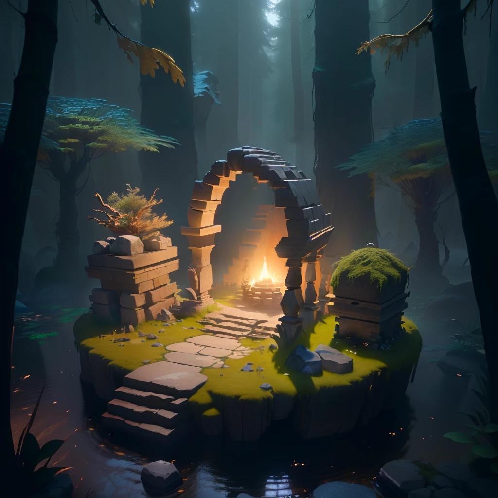 masterpiece, best quality, (extremely detailed CG unity 8k wallpaper), (best quality), (best illustration), (best shadow), A round mossy stone platform,Primitive times, barbaric times, horns, animal bones, isometric 3D, octane render,ray tracing,ultra detailed