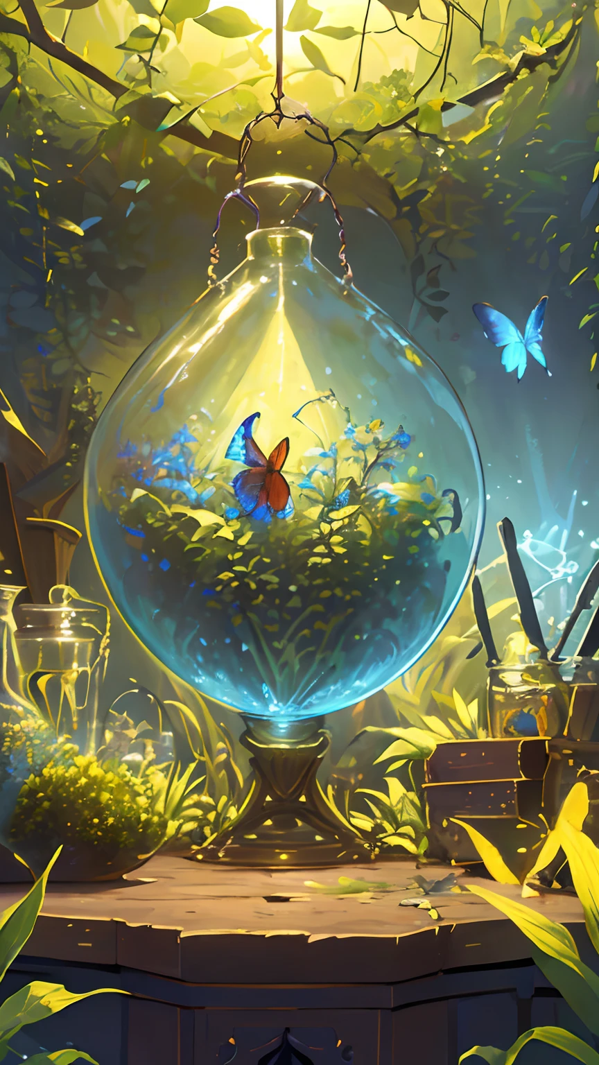 (masterpiece, best quality:1.2), (ultra detailed),(illustration), wallpaper, original, Round-bottom flask, grass, vine, water, butterfly, nature, shining, surrounded by light, Terrarium, RPG style, cartoony, fantasy, mobile game,(shining)
