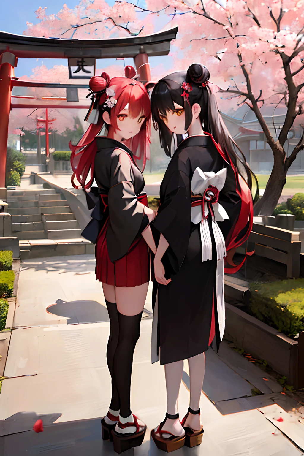 ((masterpiece,best quality)),2girls, black kimono, black legwear, black ribbon, black hair, cherry blossoms, day, flower, hair bun, hair ribbon, japanese clothes, kimono, long hair, looking at viewer, looking back, multiple girls, obi, outdoors, red eyes, red hair, ribbon, sandals, single hair bun, stairs, standing, statue, torii, tree, white kimono, yellow eyes