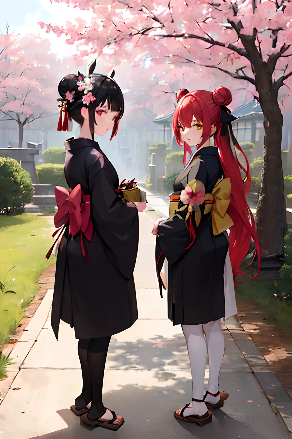 ((masterpiece,best quality)),2girls, black kimono, black legwear, black ribbon, black hair, cherry blossoms, day, flower, hair bun, hair ribbon, japanese clothes, kimono, long hair, looking at viewer, looking back, multiple girls, obi, outdoors, red eyes, red hair, ribbon, sandals, single hair bun, stairs, standing, statue, torii, tree, white kimono, yellow eyes