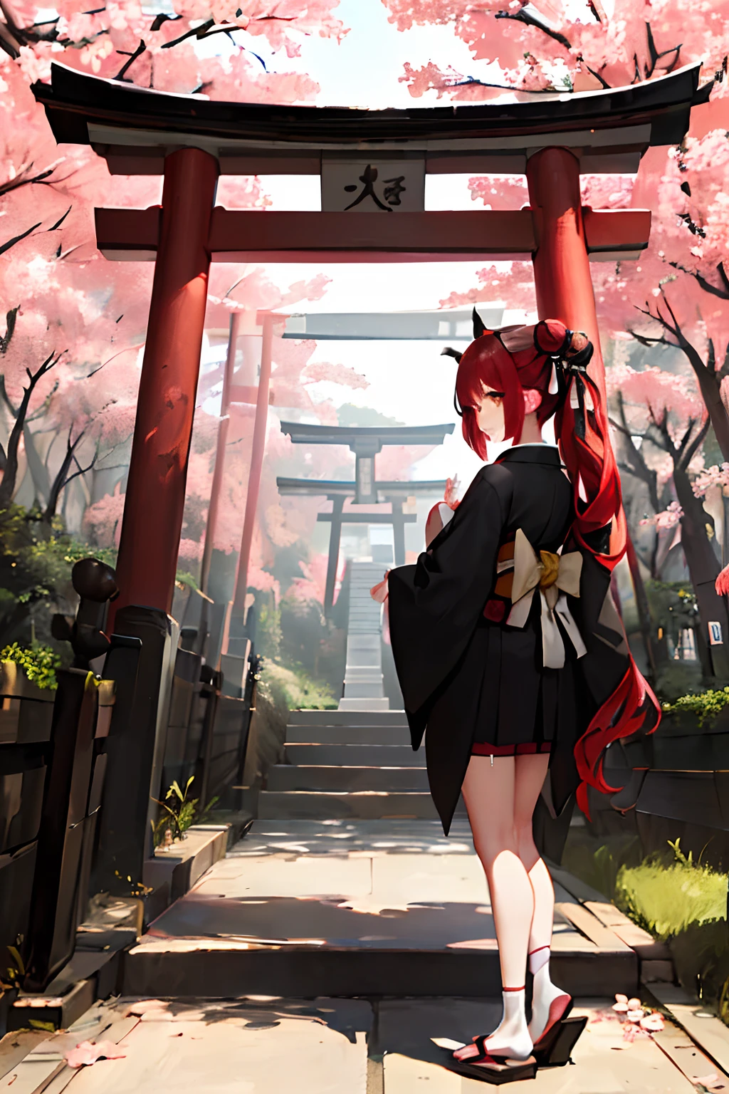 ((masterpiece,best quality)),2girls, black kimono, black legwear, black ribbon, black hair, cherry blossoms, day, flower, hair bun, hair ribbon, japanese clothes, kimono, long hair, looking at viewer, looking back, multiple girls, obi, outdoors, red eyes, red hair, ribbon, sandals, single hair bun, stairs, standing, statue, torii, tree, white kimono, yellow eyes