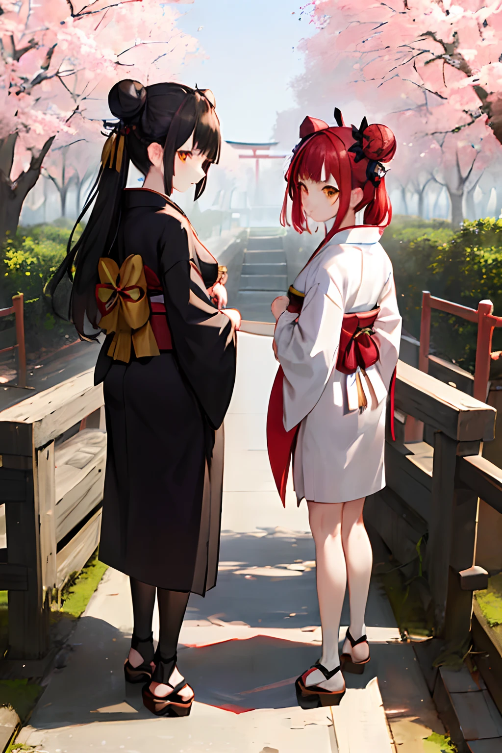 ((masterpiece,best quality)),2girls, black kimono, black legwear, black ribbon, black hair, cherry blossoms, day, flower, hair bun, hair ribbon, japanese clothes, kimono, long hair, looking at viewer, looking back, multiple girls, obi, outdoors, red eyes, red hair, ribbon, sandals, single hair bun, stairs, standing, statue, torii, tree, white kimono, yellow eyes