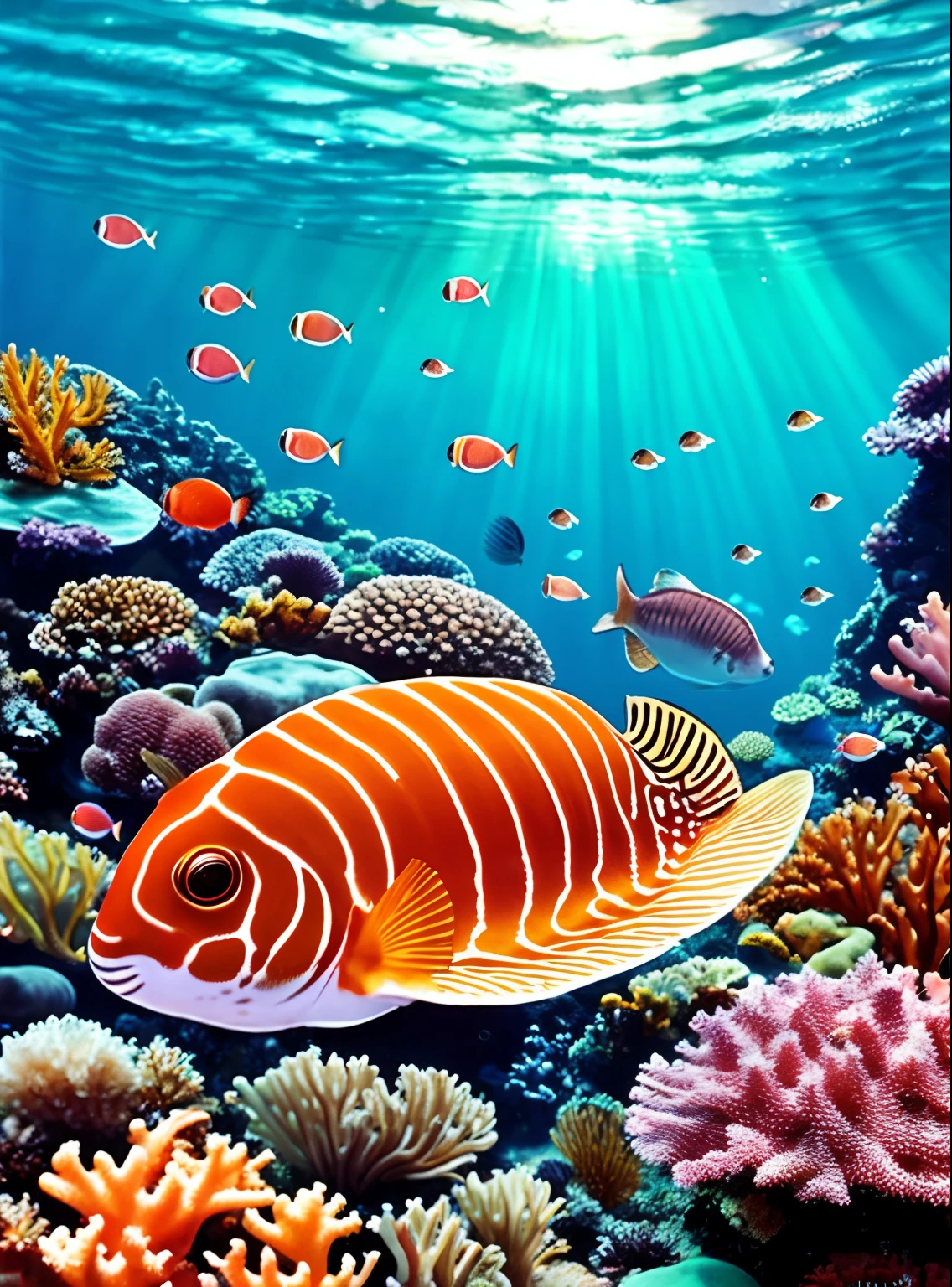 A highly detailed scientific illustration of a sea hare swimming in a vibrant coral reef environment. The underwater scene is bathed in sunlight, illuminating the bright natural colors of the coral and sea creatures. The illustration is done in the style of Ernst Haeckel using pen and ink to capture every intricate detail of both the sea hare and the surrounding coral. The high-resolution artwork displays the scene with stunning clarity, allowing the viewer to appreciate the beauty and complexity of this underwater world.