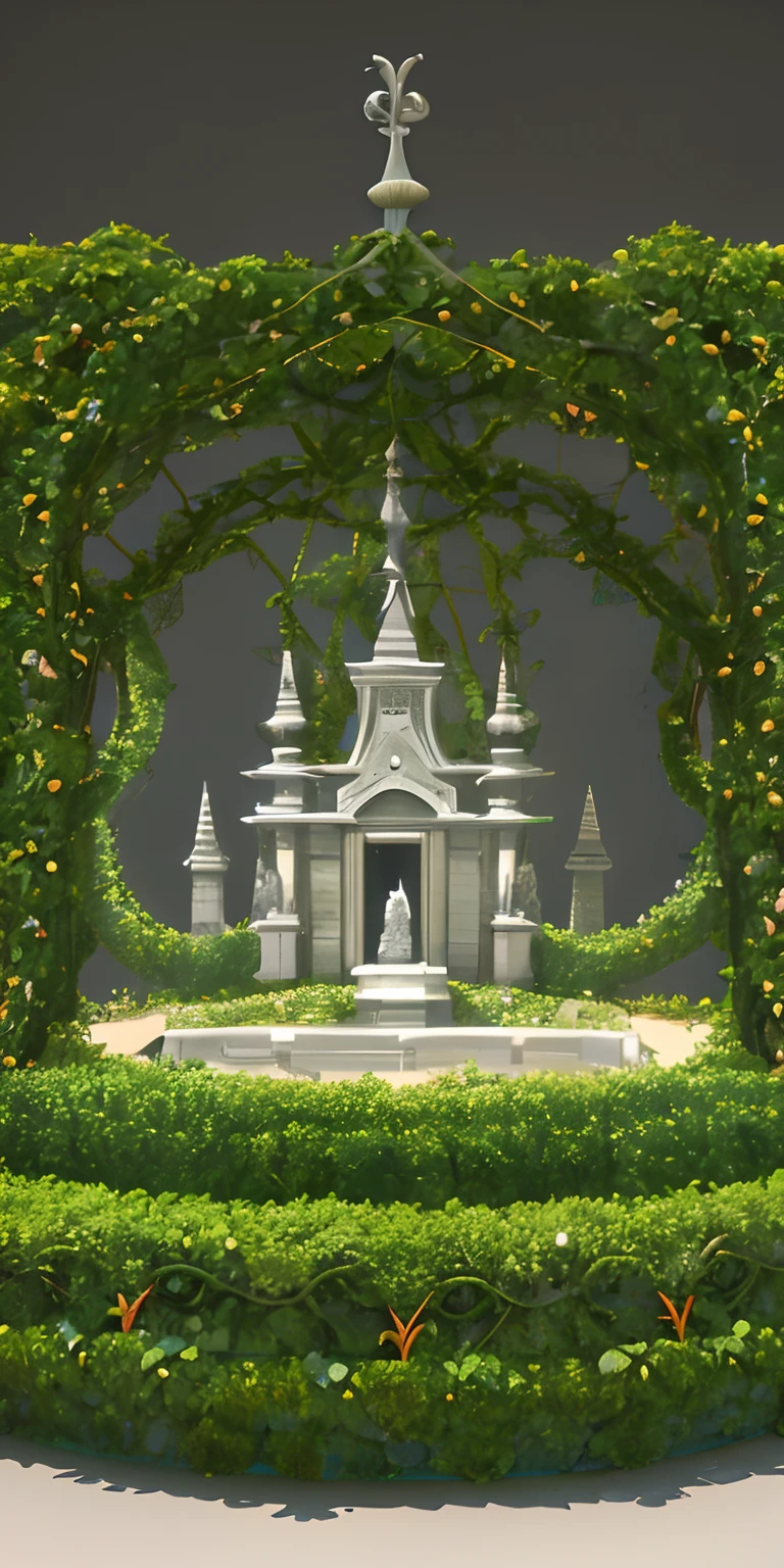 3D cartoon style，stand-alone building，The architecture of natural style, A mysterious stone statue with glowing plants, entwined by vines and leaves, featuring magical elements, and surrounded by European-style architecture