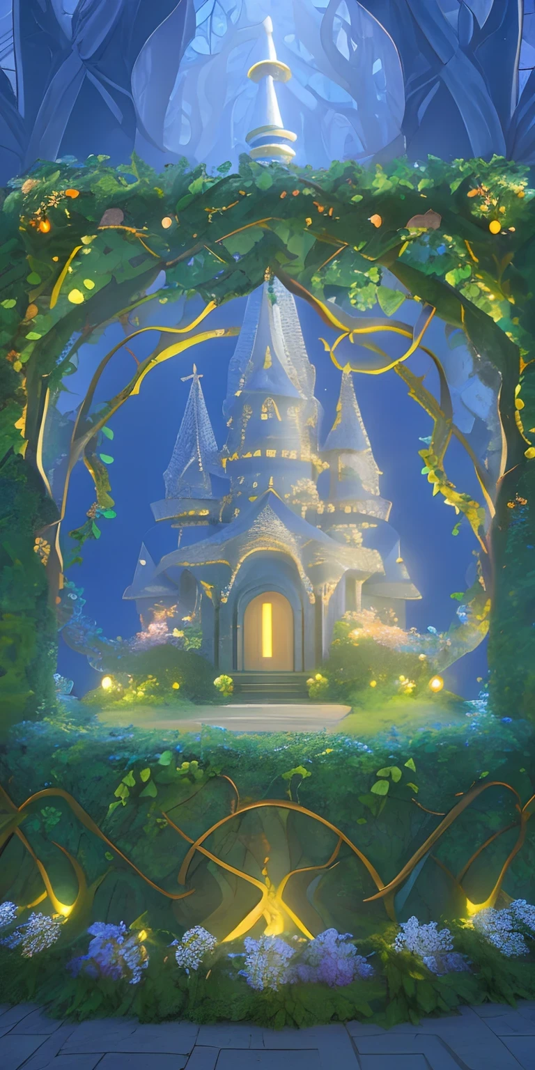 3D cartoon style,stand-alone building,The architecture of natural style, A mysterious stone statue with glowing plants, entwined by vines and leaves, featuring magical elements, and surrounded by European-style architecture