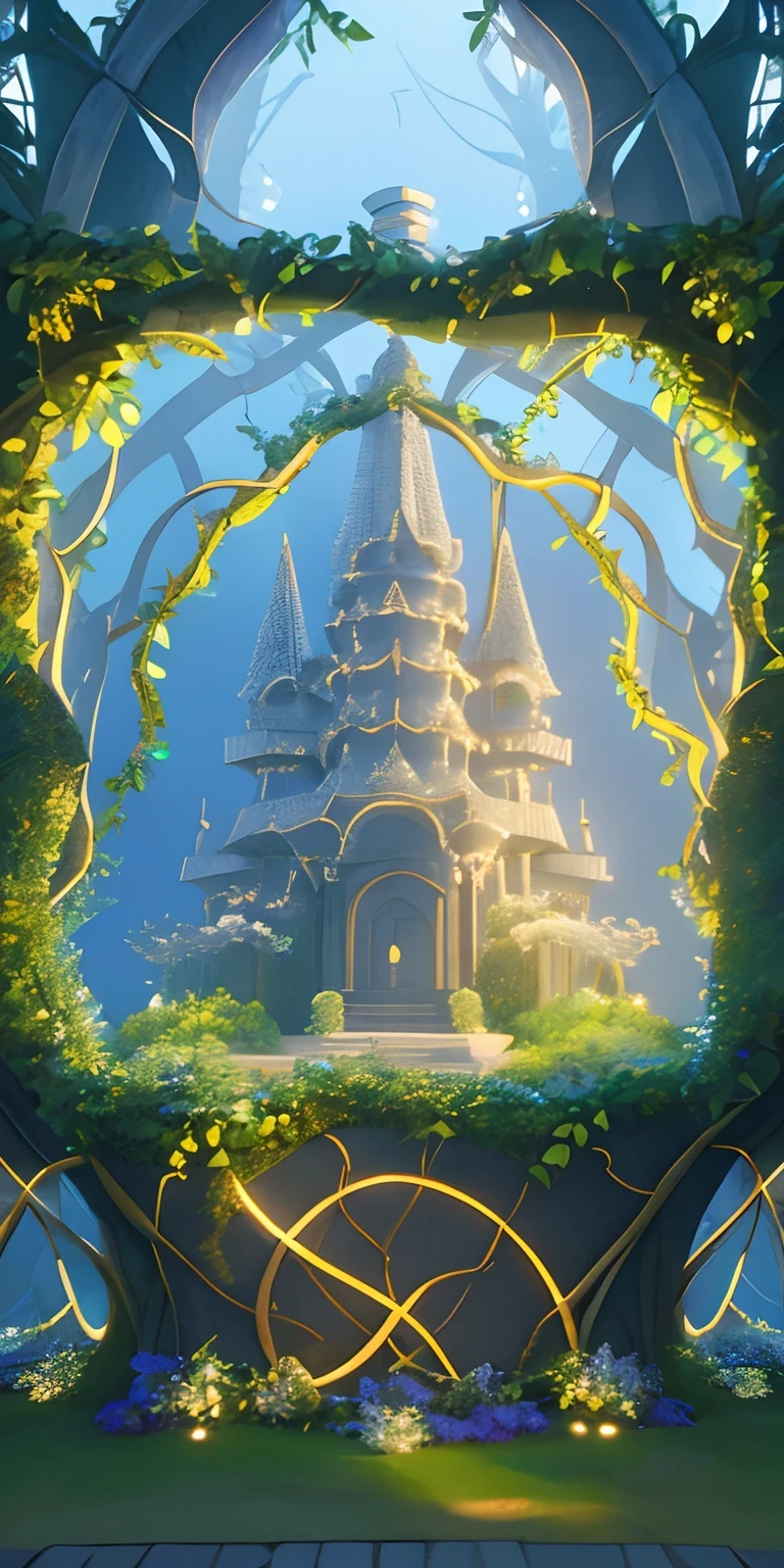 3D cartoon style,stand-alone building,The architecture of natural style, A mysterious stone statue with glowing plants, entwined by vines and leaves, featuring magical elements, and surrounded by European-style architecture