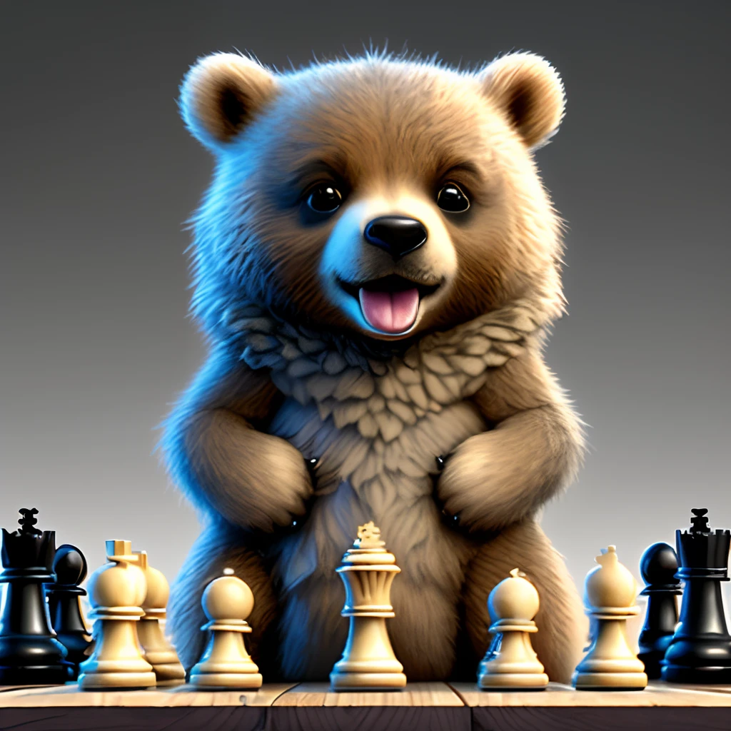 Little Bear's head was on top of a chess set and he smiled at the screen