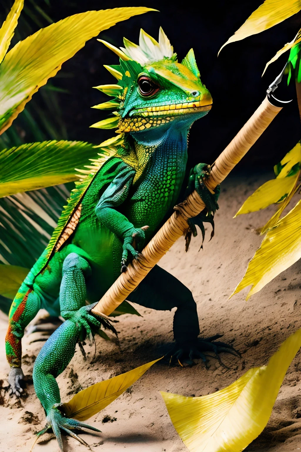 A color-changing lizard dressed in ninja attire, wearing a straw hat, wielding weapons, using leaves as camouflage, and anthropomorphized.