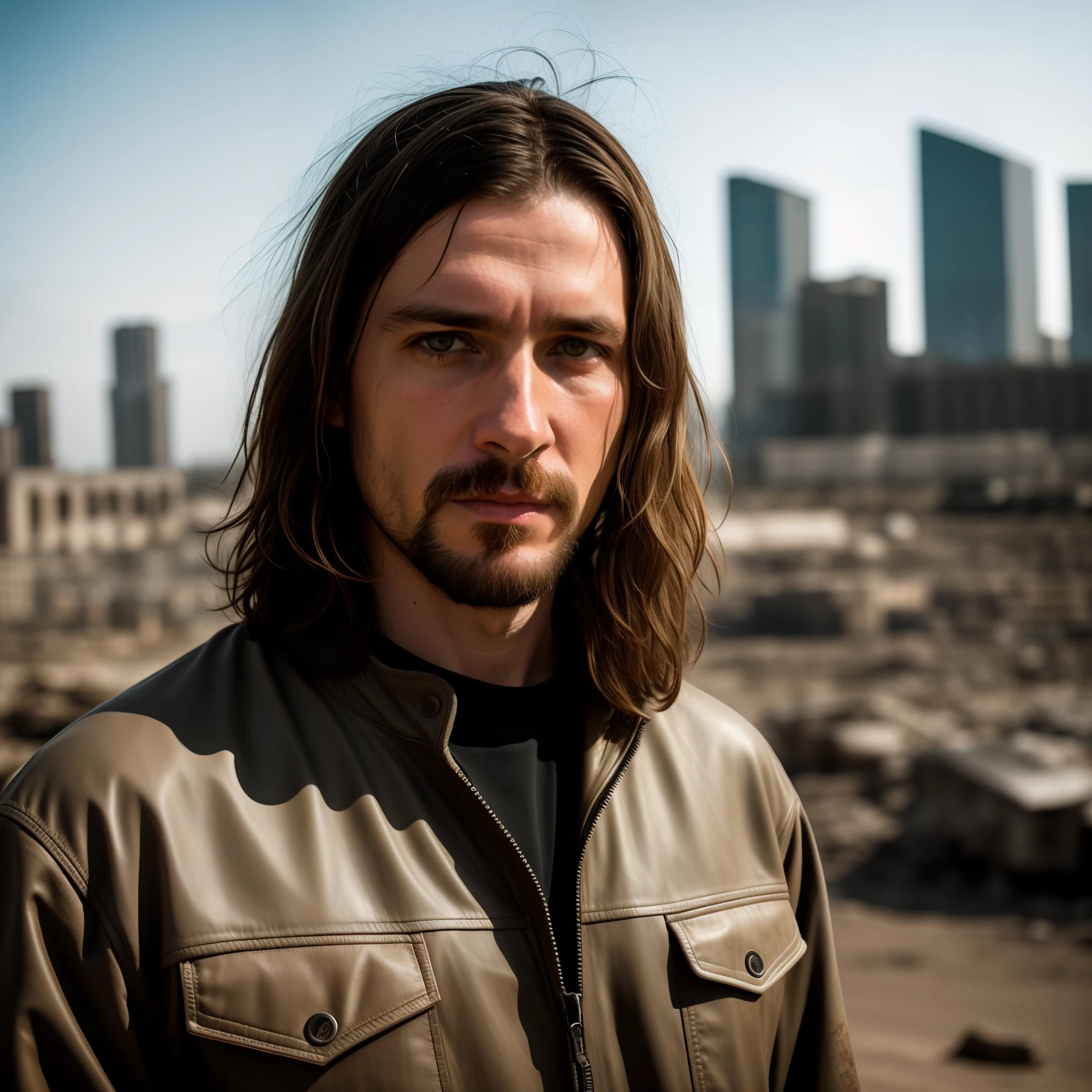 RAW photo, a close up portrait photo of brutal 45 y.o man in wastelander clothes, long haircut, pale skin, slim body, background is city ruins, (high detailed skin:1.2), 8k uhd, dslr, soft lighting, high quality, film grain, Fujifilm XT3