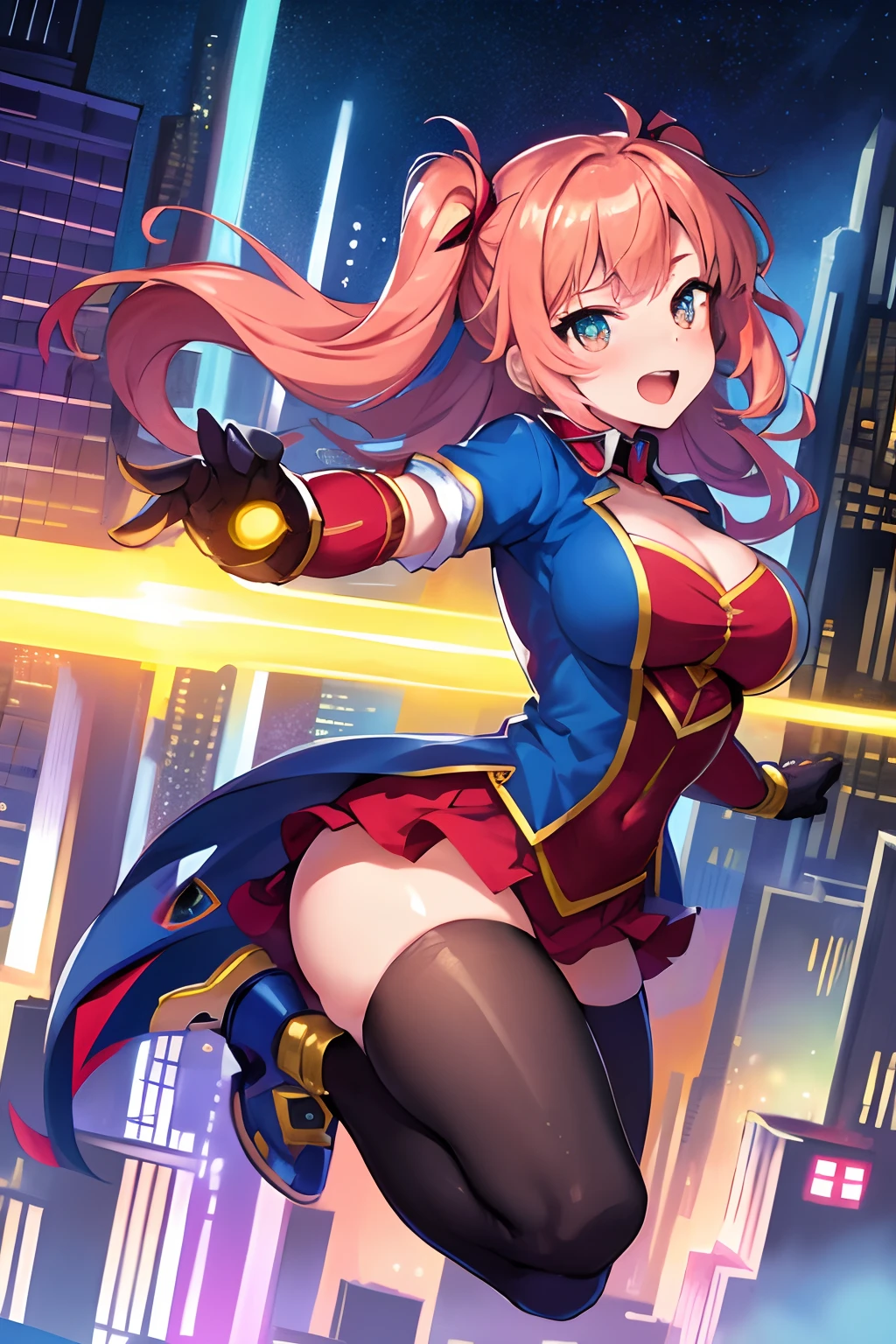 masterpiece, best quality, (1girl), solo, dynamic angle, dynamic pose, colorful, perfect face, perfect hands, superhero landing, buildings, night view, lens flare, effects, magical effects, face focus
