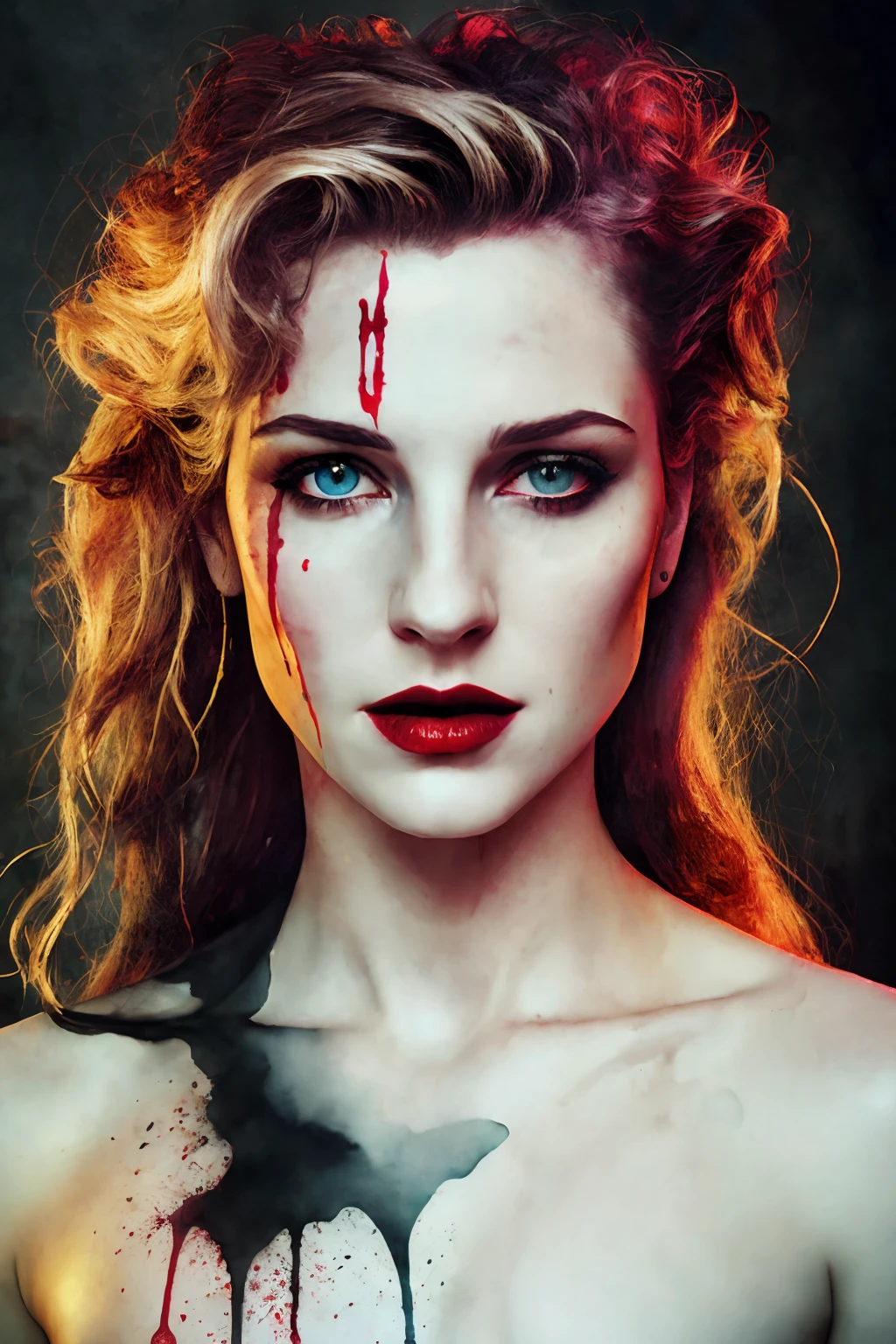 Beautiful vampire, bared fangs, blood-covered river as background, watercolor style smear, art, dramatic lighting, David Lynch's image style, abstract expressionism, metaphysics, expressionism, golden ratio,details aesthetic octane render excellent composition natural textures 8k oil paining masterpiece canon eos r4s 50