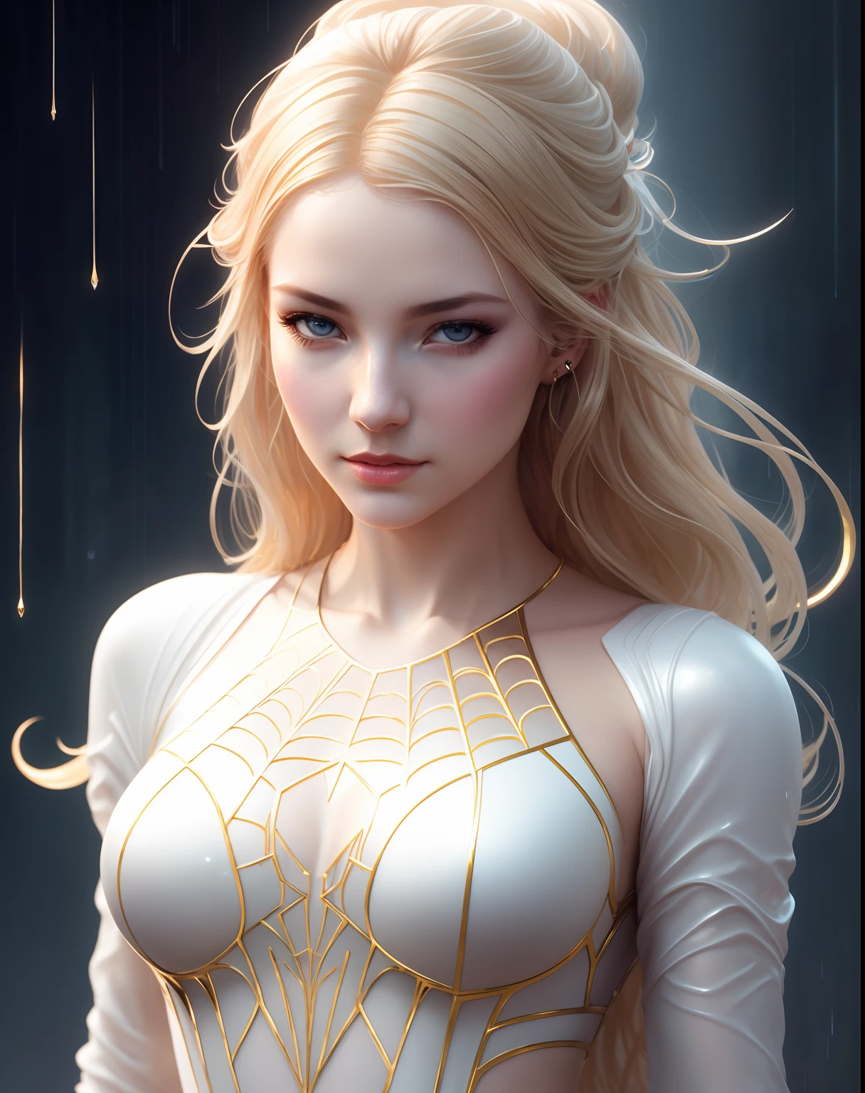 golden and white, spider man, drip outfit, heavy rain, magical, highly detailed, trending on artstation, unreal engine 4 k, cinematic wallpaper by stanley artgerm lau, wlop, rossdraws, james jean, andrei riabovitchev, marc simonetti, yoshitaka amano. background by james jean and gustav klimt, light by julie bell, 4 k, porcelain skin, style of zdislaw beksinski, detailed, 8k, dynamic lighting, white chromatic aberration