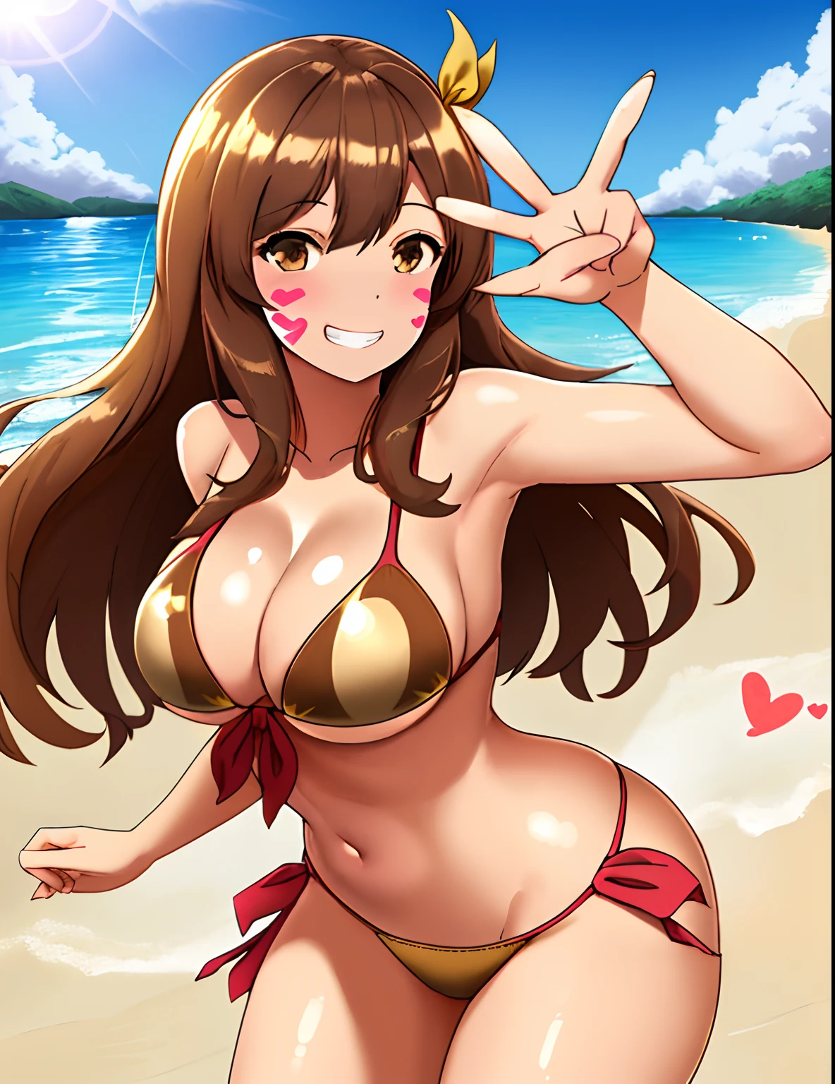 best quality, 1girl, brown hair, brown eyes, medium breasts, front tie bikini top, (gold bikini), arm behind back, peace sign, grin, sun, on beach, spoken heart, (face paint:0.9), (corneo_dva:0.9), no headwear,booty