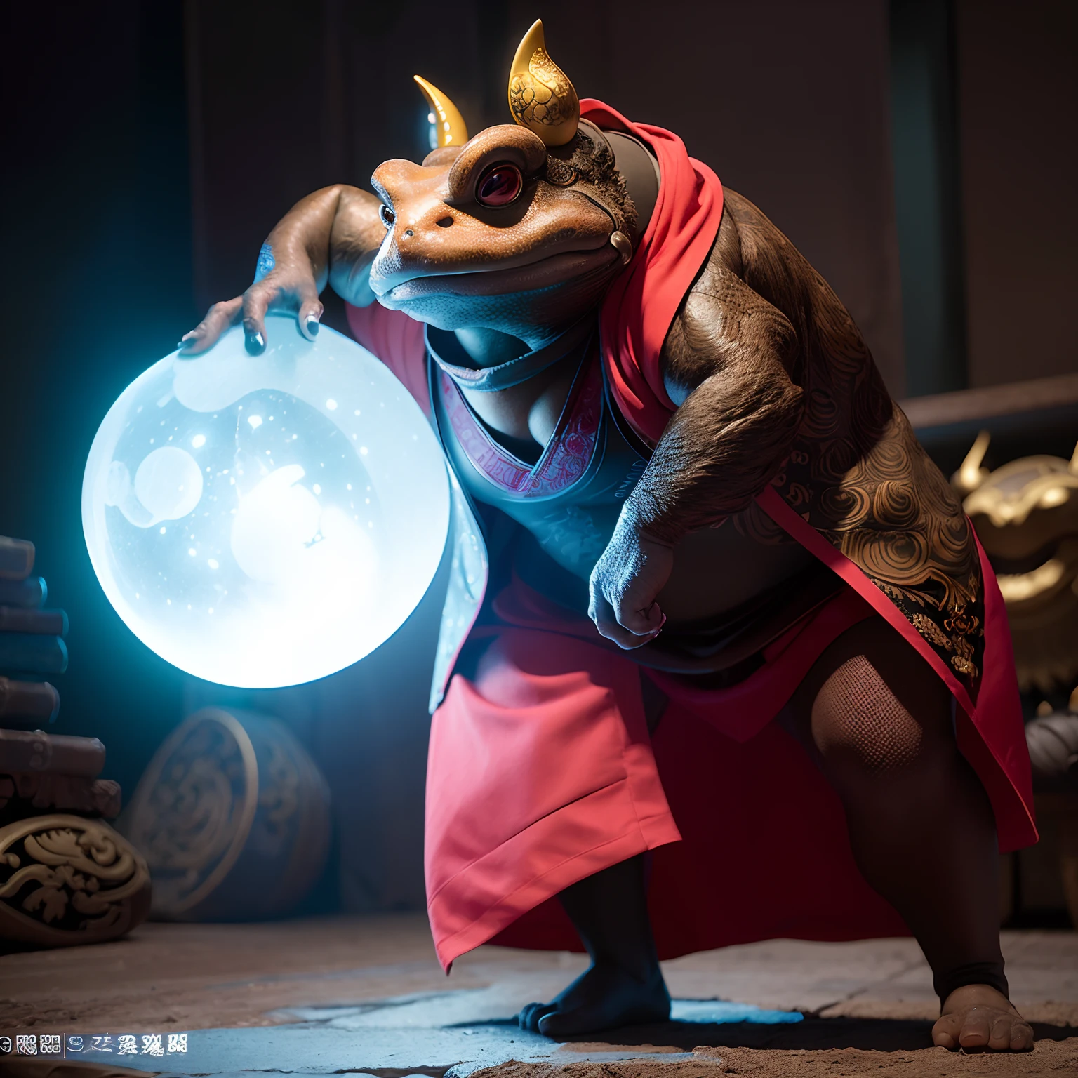 Full Length Shot, toad anthropomorphism,shamanwizard,chinese ink style,amazing epic chineseancient theme, martial arts style, Chinese fairytale, highly detailed, dynamic, cinematic, stunning, realistic lighting and shading, vivid, vibrant, 8k, octane render, unreal engine, very detailed,concept art, realistic, Cry engine