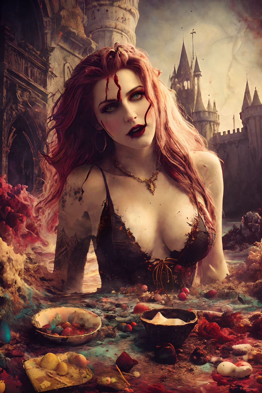 Beautiful vampire, bared fangs, blood-covered ocean castle as background, Easter,watercolor style smearing, art, dramatic lighting, David Lynch's image style, abstract expressionism, metaphysical, expressionism, muted, golden ratio,details aesthetic octane render excellent composition natural textures 8k oil paining masterpiece canon eos r4s 50