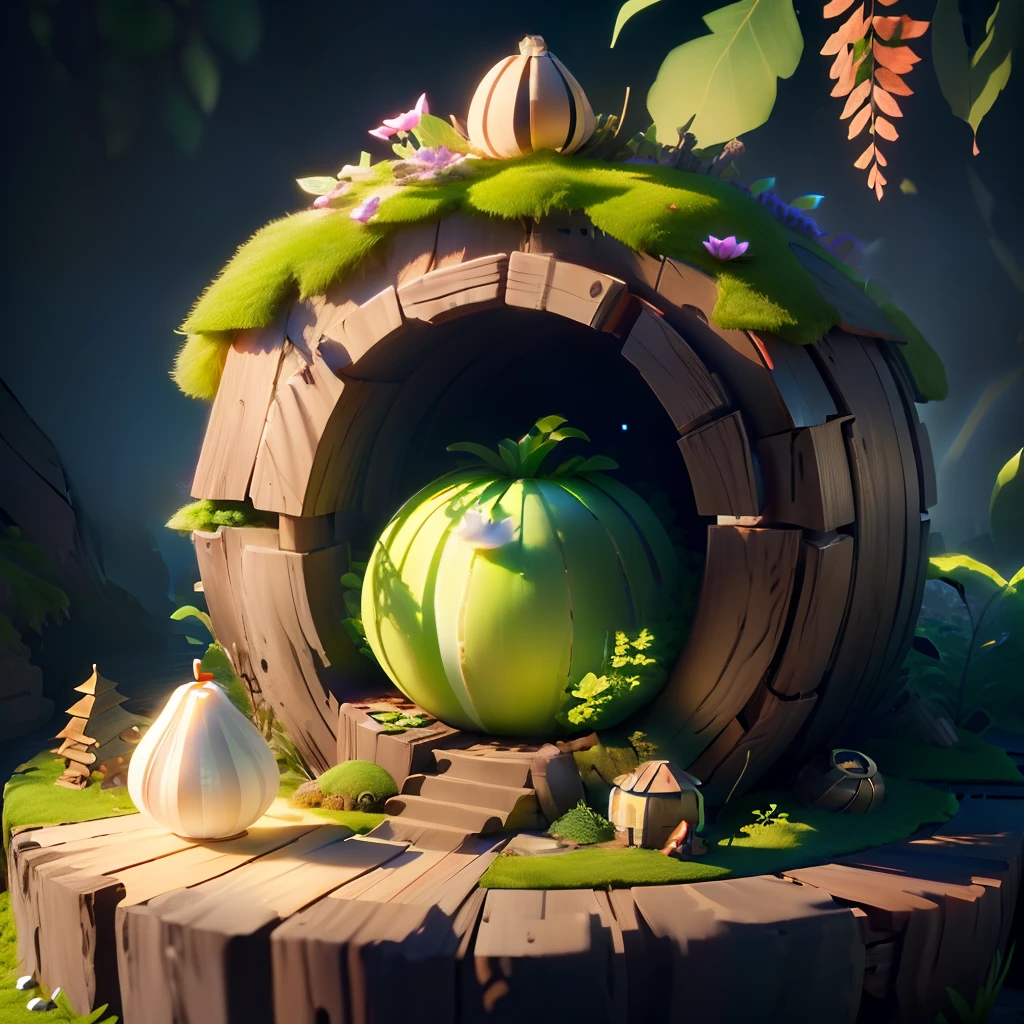 masterpiece, best quality, (extremely detailed CG unity 8k wallpaper), (best quality), (best illustration), (best shadow), A round turnip hut covered with moss， isometric 3D, octane render,ray tracing,ultra detailed