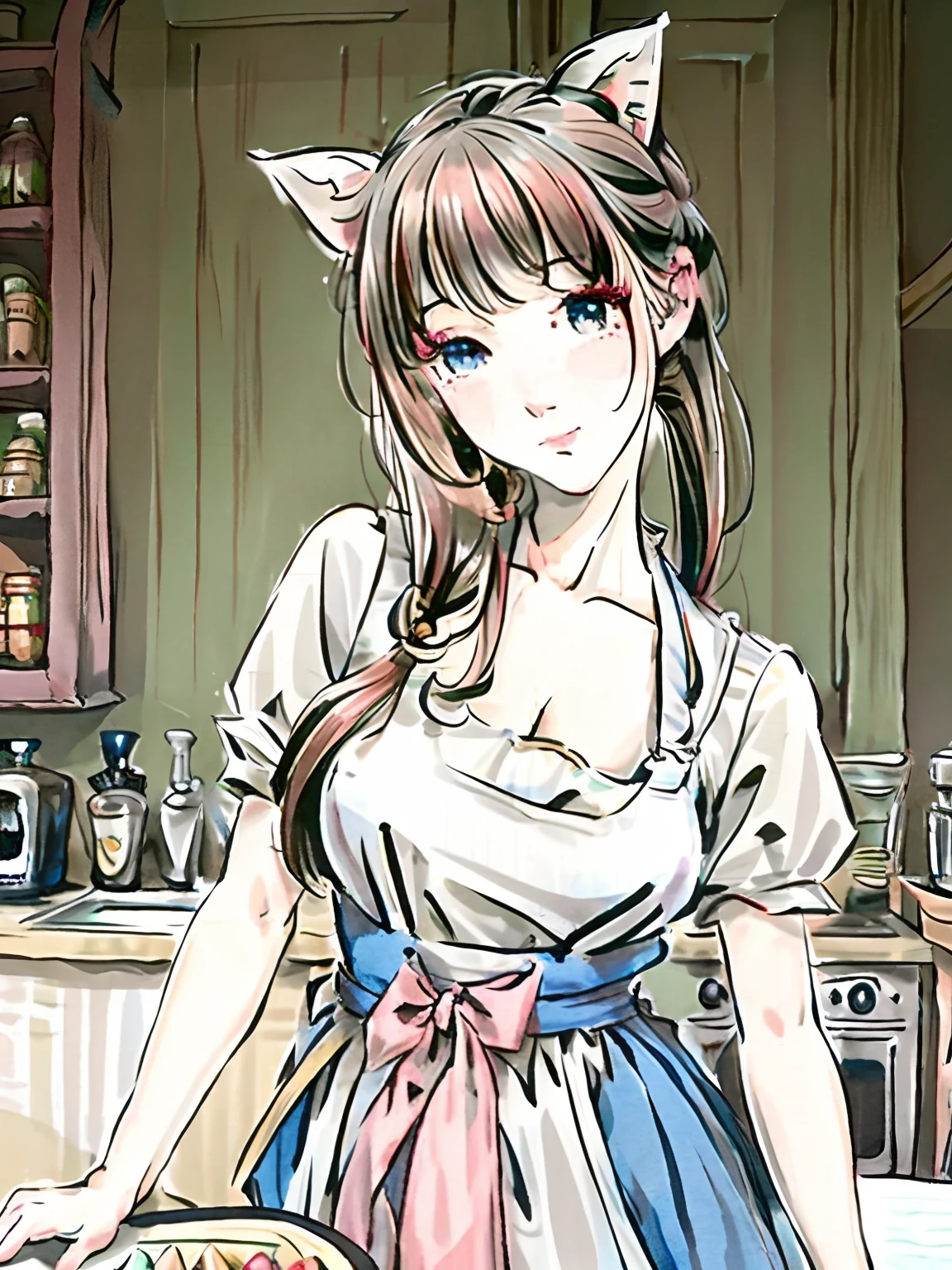 a closeup portrait of a playful maid, undercut hair, apron, amazing body, pronounced feminine feature, busty, kitchen, [ash blonde | ginger | pink hair], freckles, flirting with camera