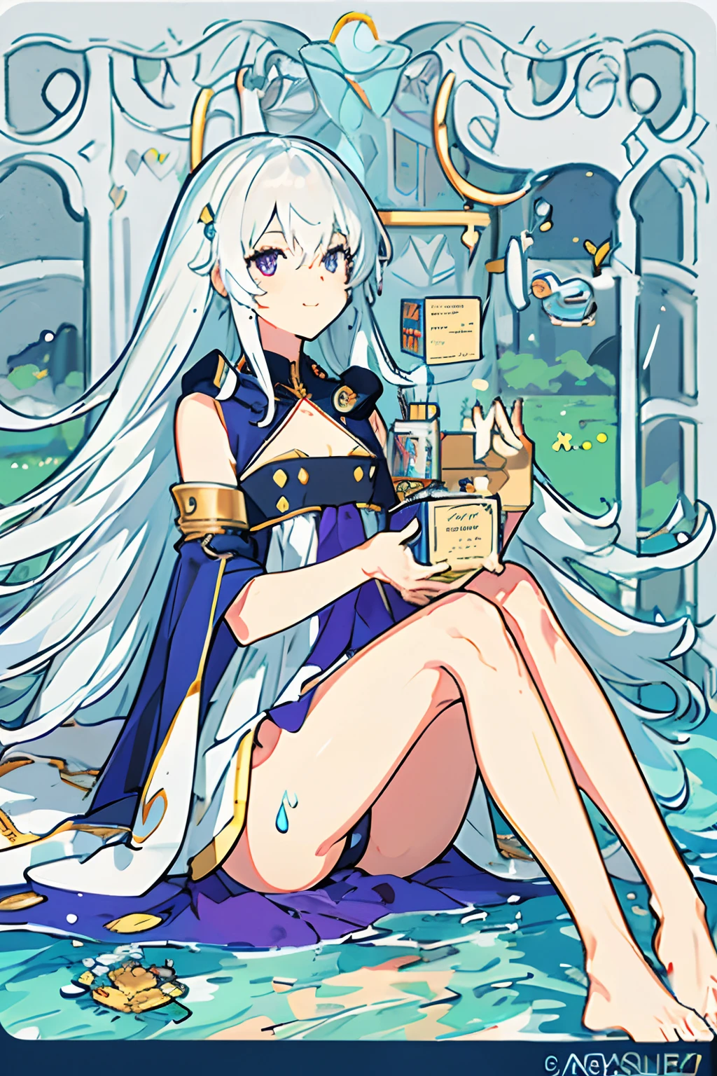 (masterpiece:1.2, best quality), (finely detailed beautiful eyes: 1.2), [(Transparent background:1.5)::5],(((masterpiece))),(((best quality))),(((extremely detailed))),illustration, 1girl,solo,mysterious,vivid color,shiny, underwater transparent sealed hemispherical glass dome, (white hair),(purple eyes), full body,barefoot,long hair tranquil nature, koi,Underwater, Dome,close up,Dynamic actions,Lens perspective,(((Box composition))),sit cross-legged and lean against the bookshel, volumetric lighting, multi-color eyes, detailed eyes, hyper detailed,light smile, highly detailed, beautiful, small details, ultra detailed, best quality, intricate, 4k, 8k, trending on artstation, good anatomy, beautiful lighting, award-winning,