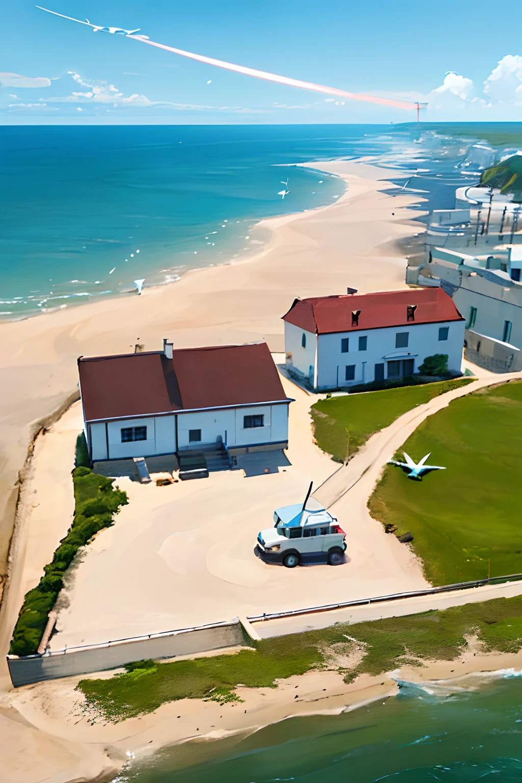 (masterpiece, best quality:1.1), bird's eye view, asymmetrical, blue ocean, low tide, sea waves, coastal road, sandy beach, piers, sailboats, yachts, ship wake, contrail, cars, tourists, lighthouse, seagulls, horizon, breeze, summer, morning, sunny, cloud, calm, fresh air, depth of field.,3D