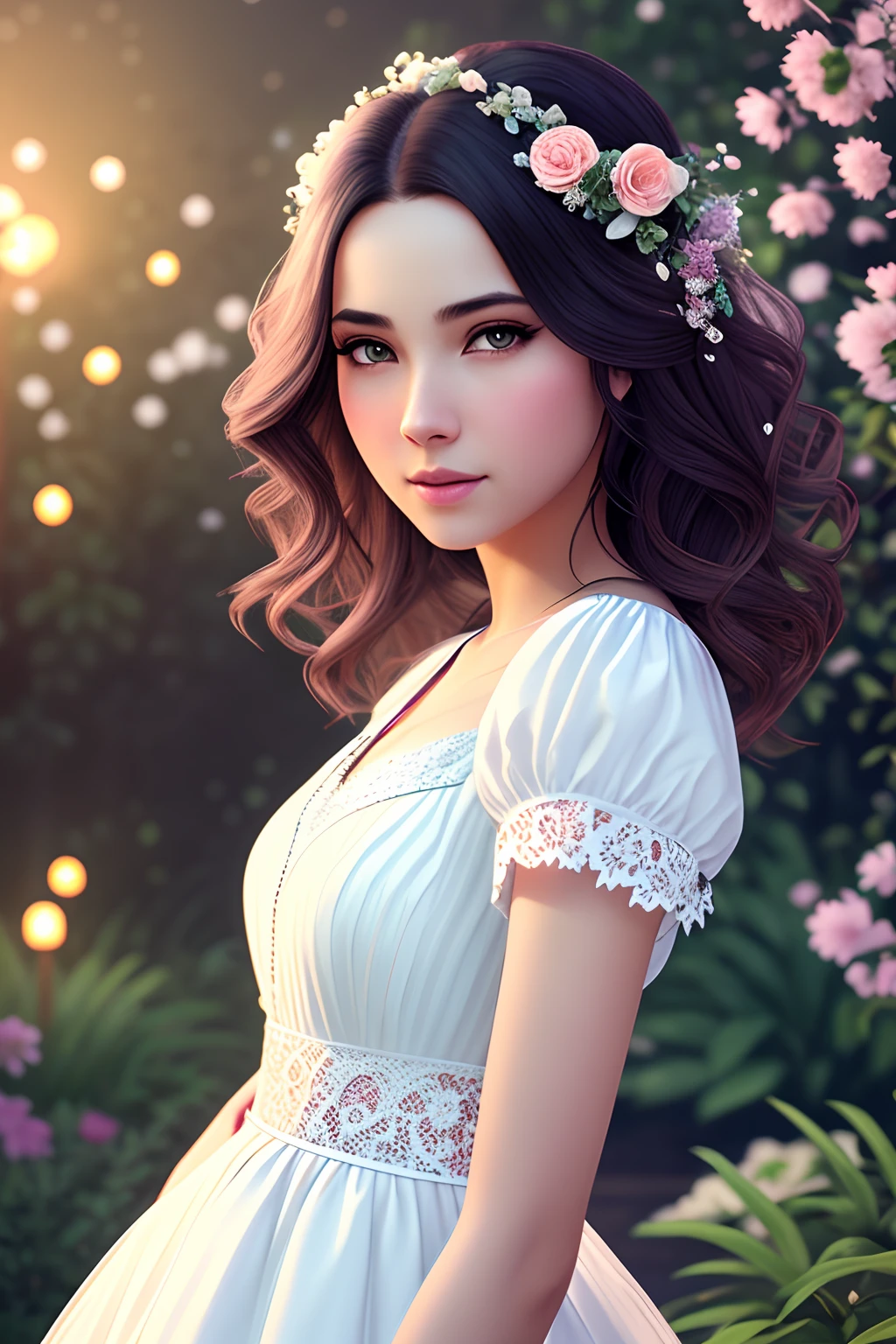game cg,(A beautiful girl looked at me,lace,feel bad),(cinema lens,Face close-up),(standing in magical garden background,night sky),(intricate,highly detailed,professional,octane render,unreal engine,trending on artstation,realistic,beautiful,HD,8K),by Anders Zorn and norman rockwell and Kevin Sloan, flowing hair,blusher,storyboard