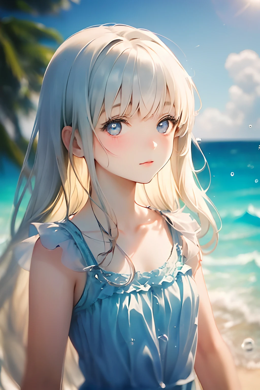 art by Cornflower, dreamy
(a girl who was petite and had beautiful detailed eyes. The depth of field in the photo was perfect, and the lens flare added a nice touch. The finely detailed features of her face really stood out, and the score for this photo was definitely greater than 10. In the background, there was a beautiful ocean with crystal clear water and water droplets on the surface. It was a stunning photo that really captured the beauty of the girl and the water.)