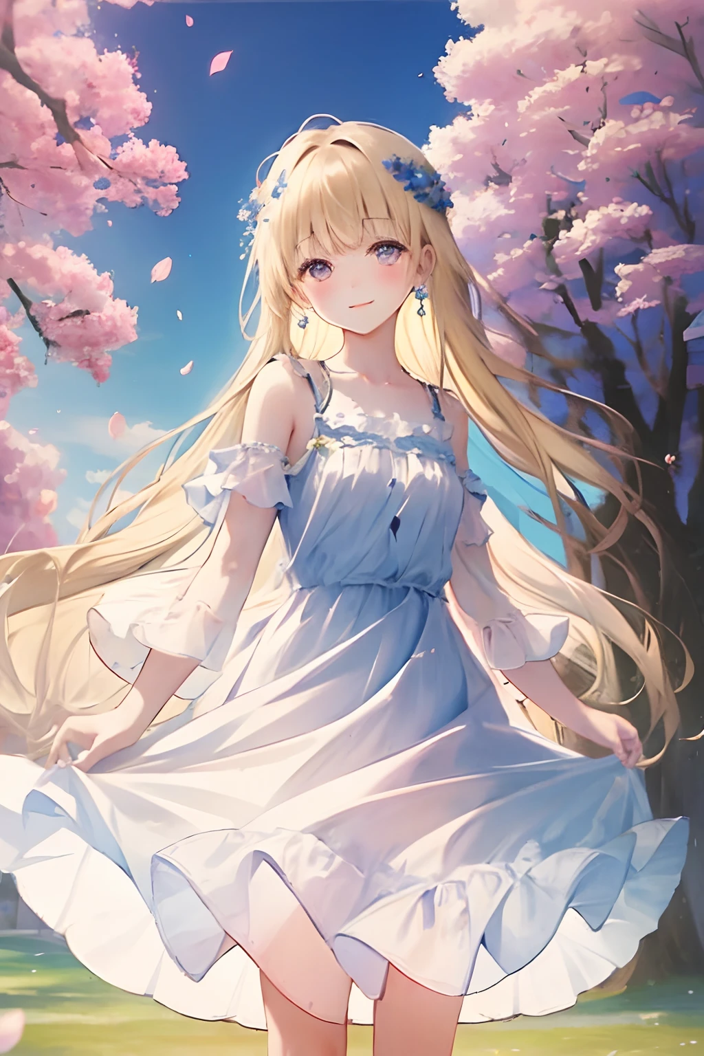 art by Cornflower, dreamy
cherry_blossoms, falling_petals, petals, branch, pink_flower, 1girl,20-year-old, blue_sky, spring_\(season\), petals_on_liquid, flower, hanami, dress,Wearing a wreath,sky, outdoors, cloud, bangs, smile, pink_eyes, White skirt with cherry blossom embellishments, bare_shoulders, earrings, holding_flower, wind, tree, looking_at_viewer,cowboy shot, caramel eyes, blonde hair