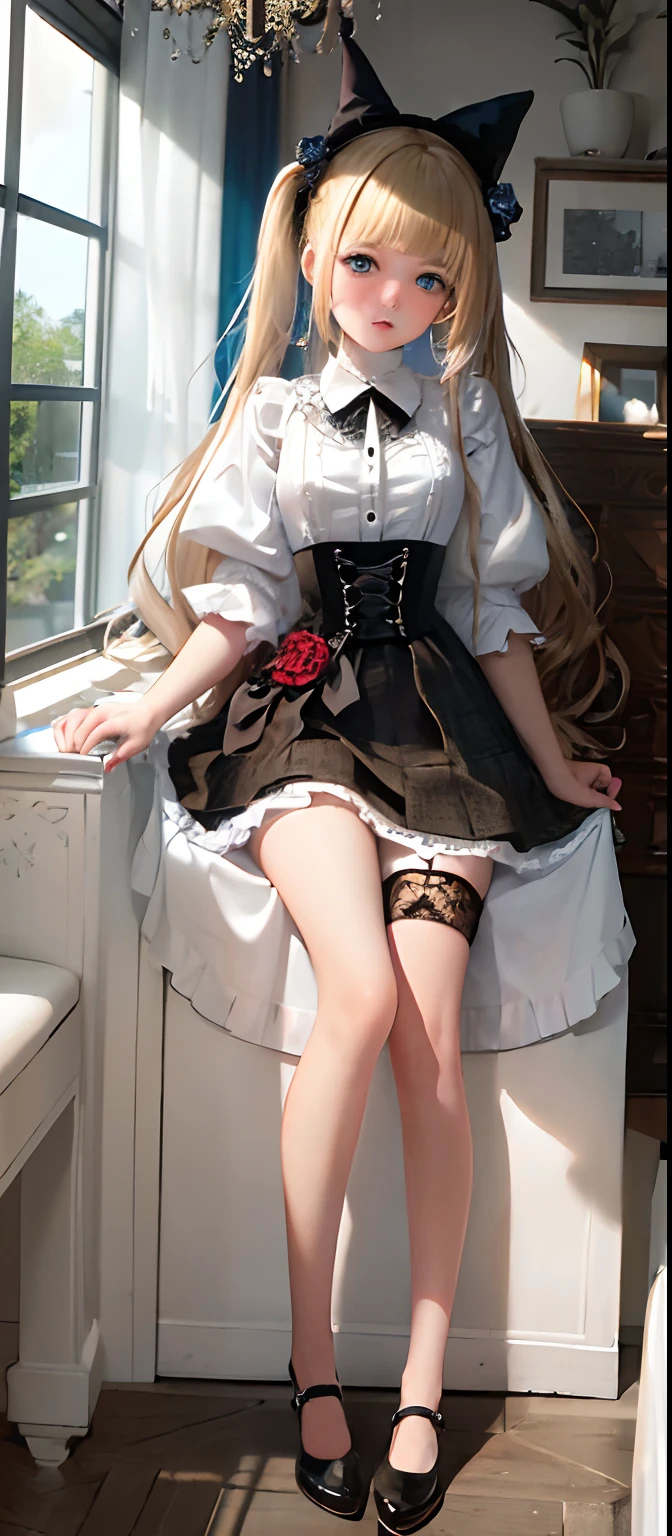 [1girl|solo], (masterpiece:1.1), (best quality:1.1), (intricate detailed Rocker [[White Ombr shirt:Black Appliqud with patches and motifs morning dress:0.85]:[Black Collared revealing clothes:Earth tones hip vent little black dress:0.15]:0.7]:1.25), (Tweed [[Coral Woolen A-line skirt:Turquoise Sleeveless tutu:0.05]:[Green Sheer thong:Orange Linen blouson:0.1]:0.1]:1.15), [nipples|nipples], [(NSFW:1.0):(NSFW:0.95):0.15],[medium:[large|medium]:0.35] breasts, corset, BREAK [black:pink:0.65] theme, (gradient background:1.1), portrait, BREAK [blond:sky blue :0.05] hair, blunt bangs,hime cut,long hair, side-ponytails, [blue:purple:0.85] eyes, intricate detailed black witch hat, holding wand, <lora:eyeLora_eyesV10:1> <lora:stylized3DModelLora_v20:1>