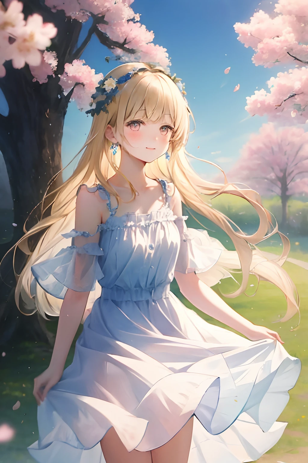 art by Cornflower, dreamy
cherry_blossoms, falling_petals, petals, branch, pink_flower, 1girl,20-year-old, blue_sky, spring_\(season\), petals_on_liquid, flower, hanami, dress,Wearing a wreath,sky, outdoors, cloud, bangs, smile, pink_eyes, White skirt with cherry blossom embellishments, bare_shoulders, earrings, holding_flower, wind, tree, looking_at_viewer,cowboy shot, caramel eyes, blonde hair