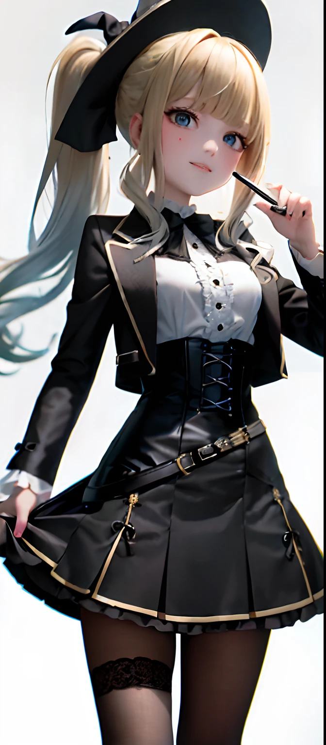 [1girl|solo], (masterpiece:1.1), (best quality:1.1), (intricate detailed Rocker [[White Ombr shirt:Black Appliqud with patches and motifs morning dress:0.85]:[Black Collared revealing clothes:Earth tones hip vent little black dress:0.15]:0.7]:1.25), (Tweed [[Coral Woolen A-line skirt:Turquoise Sleeveless tutu:0.05]:[Green Sheer thong:Orange Linen blouson:0.1]:0.1]:1.15), [nipples|nipples], [(NSFW:1.0):(NSFW:0.95):0.15],[medium:[large|medium]:0.35] breasts, corset, BREAK [black:pink:0.65] theme, (gradient background:1.1), portrait, BREAK [blond:sky blue :0.05] hair, blunt bangs,hime cut,long hair, side-ponytails, [blue:purple:0.85] eyes, intricate detailed black witch hat, holding wand, <lora:eyeLora_eyesV10:1> <lora:stylized3DModelLora_v20:1>