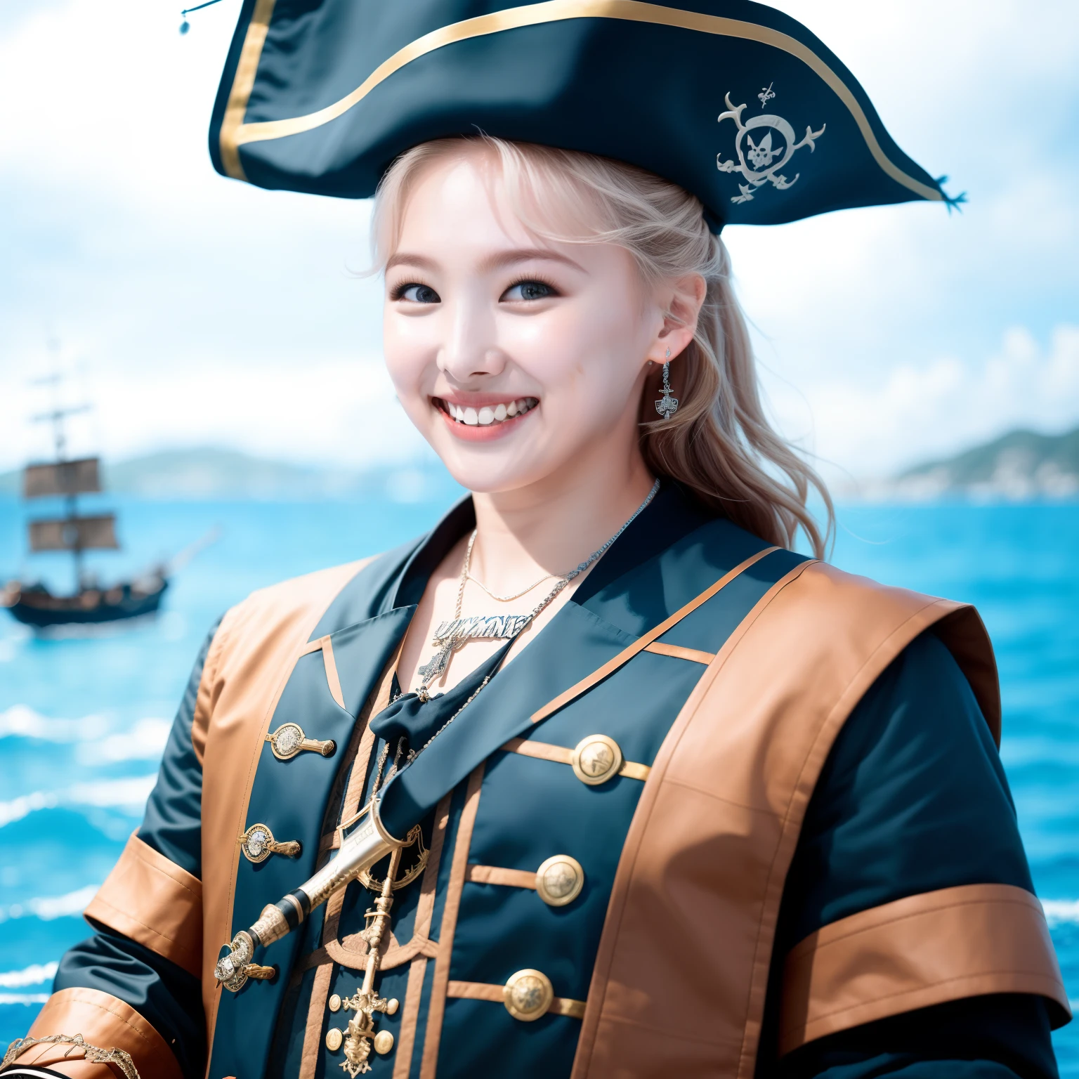 Nayeonnine wearing a pirate outfit on a boat in the open sea, beautiful background, high detail face, smiling, beautiful face, high detail, realism, super realism, high quality, realistic portrait, highly detailed, digital painting, artstation, concept art, smooth, sharp focus, illustration, cinematic lighting