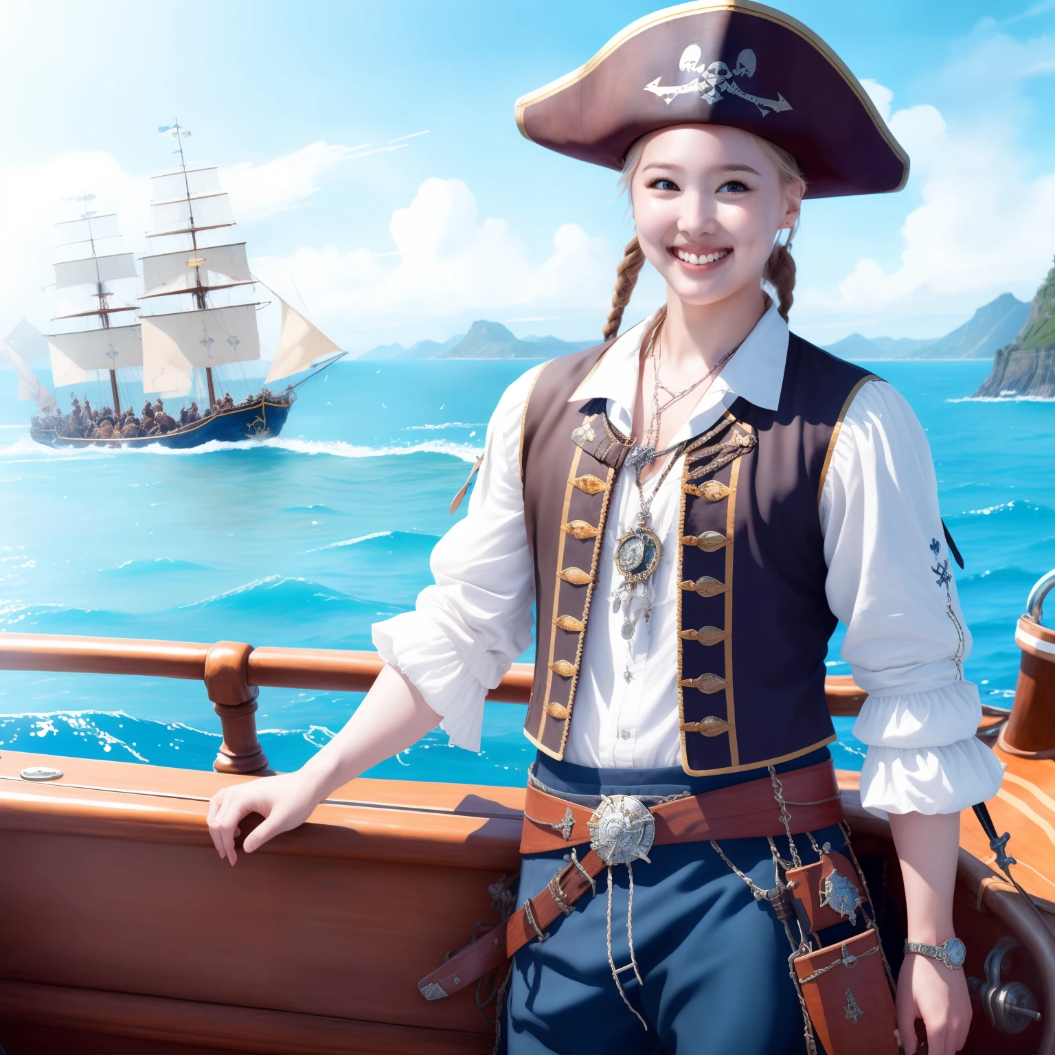 Nayeonnine wearing a pirate outfit on a boat in the open sea, beautiful background, high detail face, smiling, beautiful face, high detail, realism, super realism, high quality, realistic portrait, highly detailed, digital painting, artstation, concept art, smooth, sharp focus, illustration, cinematic lighting