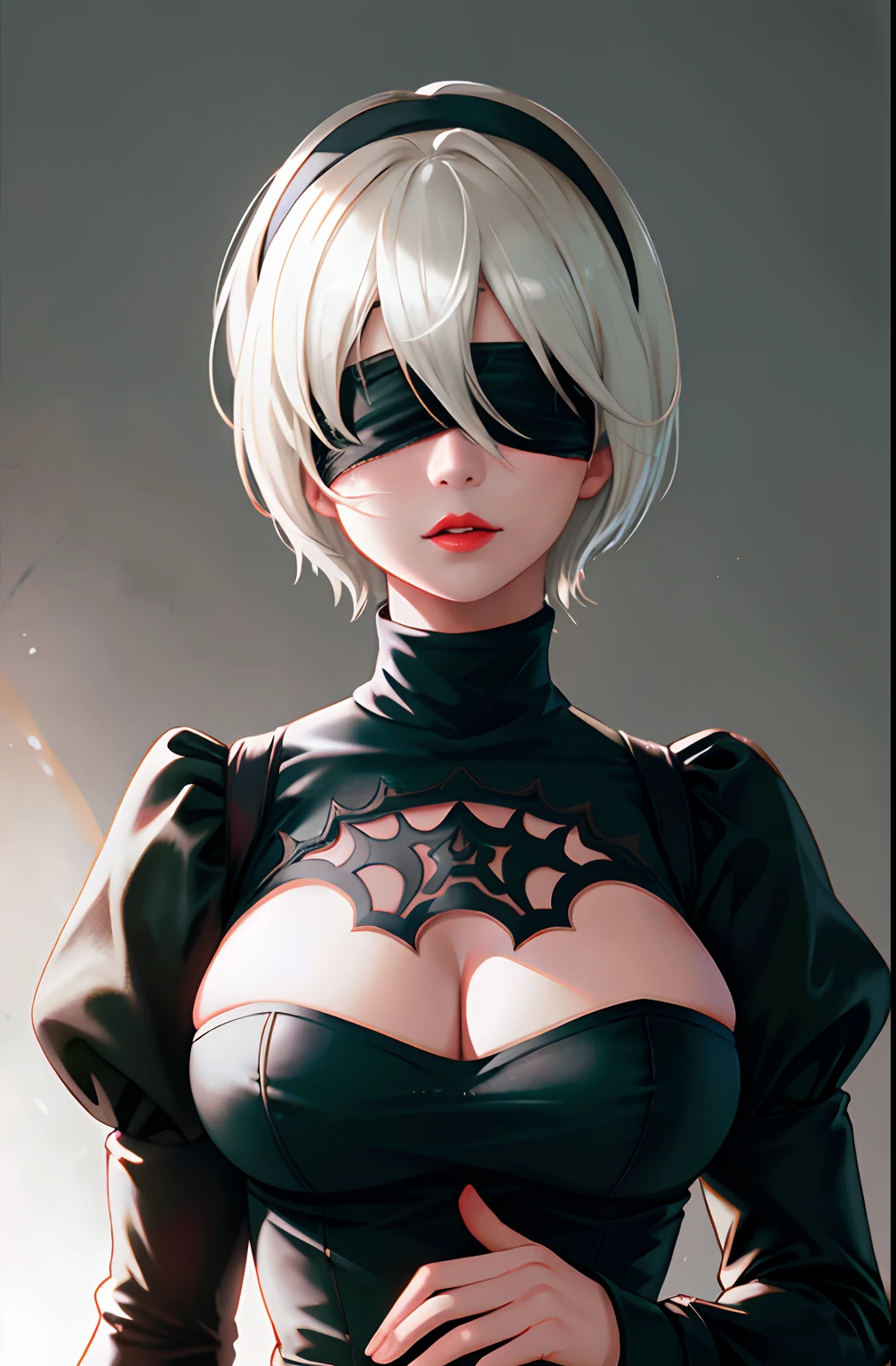 YoRHa2B,masterpiece, (photorealistic:1.4), best quality, beautiful lighting,1girl, wlop, ((blindfold)), breasts, cleavage, cleavage cutout, clothing cutout, green background, hair between eyes, hairband, highres, juliet sleeves, long sleeves, nier \(series\), nier automata, (puffy sleeves), red lips, shaded face, short hair, solo, turtleneck, upper body, white hair, sky RAW photo, 8k uhd, film grain