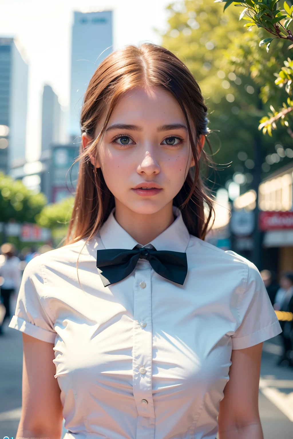 (extremely detailed CG unity 8k wallpaper), (masterpiece), (best quality), (ultra-detailed), (best illustration), (best shadow), ultra-high res, (realistic, photo-realistic:1.2), 1girl, shopping mall rooftop cafe, white opaque shirt with bow tie, puffy eyes, looking at viewer, smile, close up, 