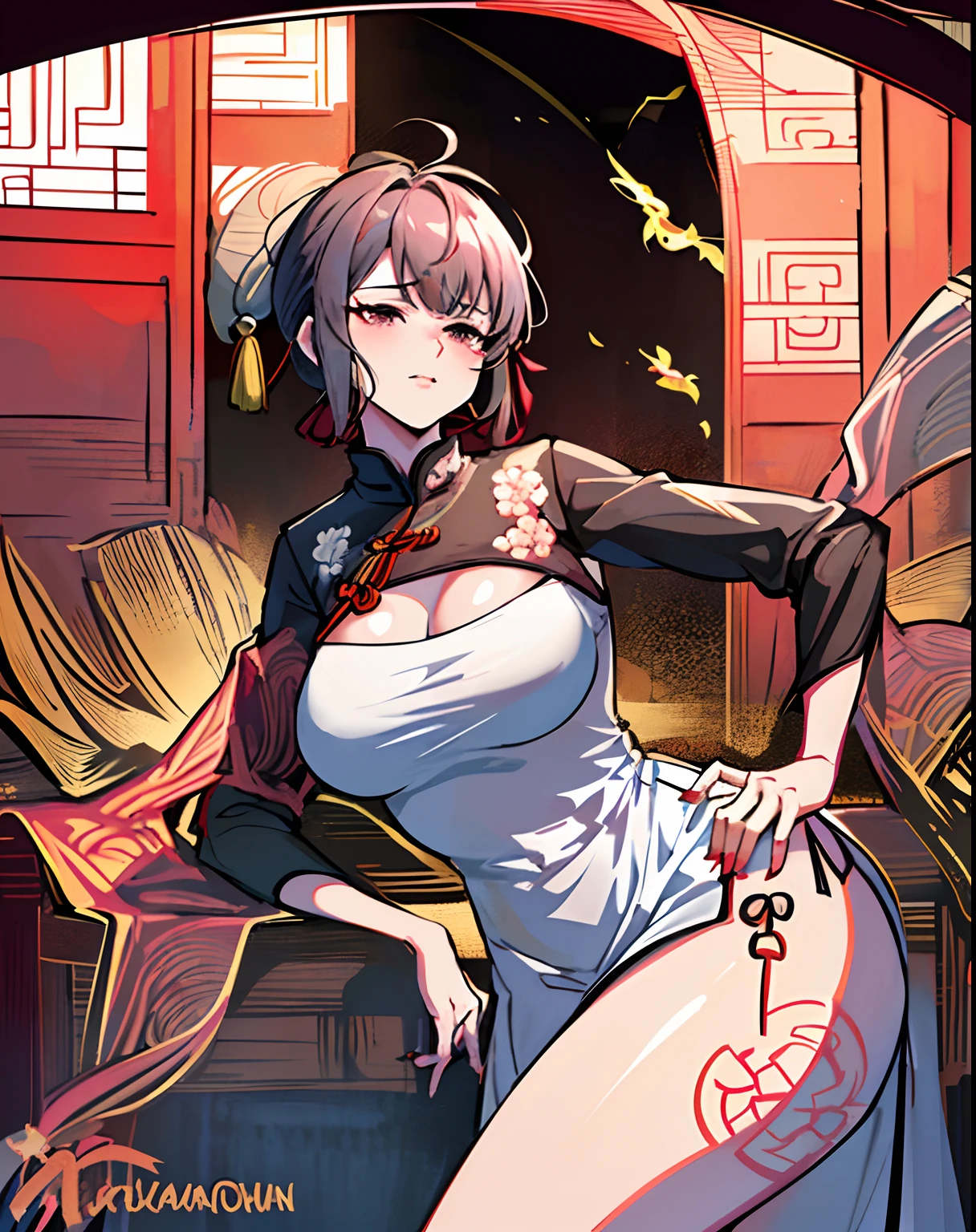 (unparalleled masterpiece, ultra realistic 8k CG, perfect artwork, perfect female figure,dramatic shadow,ray tracing),
( spotlight,perfect lighting,detailed light,dramatic shadow,ray tracing),
(mature female, milf, an extremely delicate and beautiful:1.2),
(seductive posture, implied,clothed,((large breasts:1.1)),(plentiful:1.3),(short hair:1.5),
wide hips, (ru_qun,ancient china background, china patterns, shawl, hagoromo, hanfu, detailed clothes,chinese pattern dress:1.2), (indoors + dark vibe + china courtyard + pavilion + peaceful + bridge + trees),